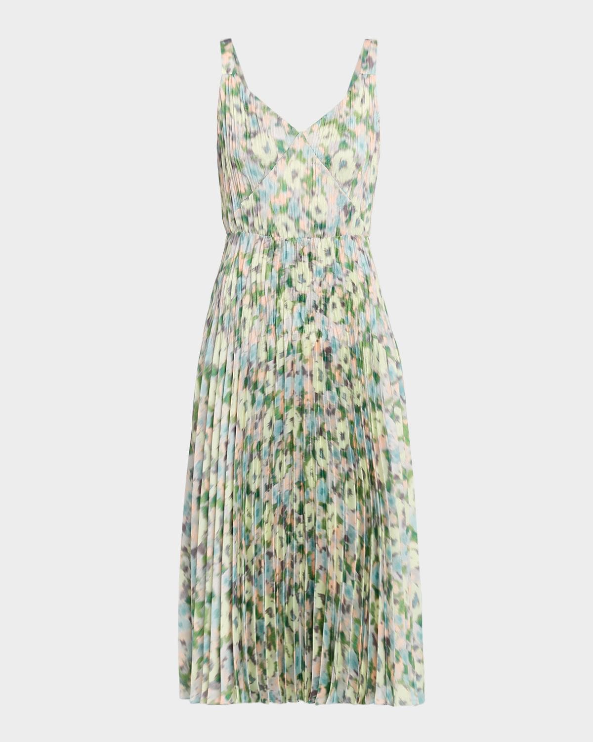 Vince Pleated Painted Garden V-Neck Midi Dress