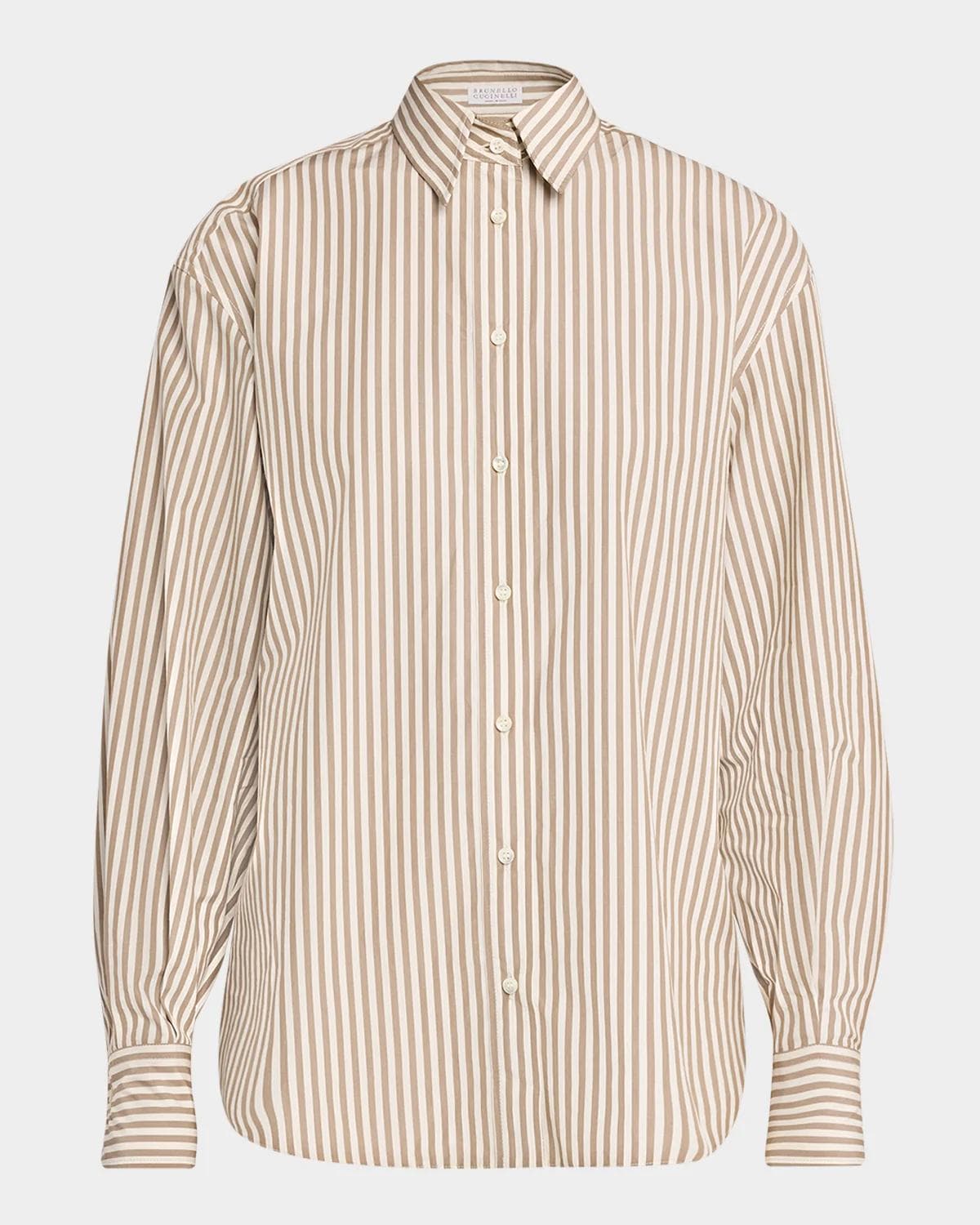 Brunello Cucinelli Striped Cotton Button-Down Shirt With Monili Trim