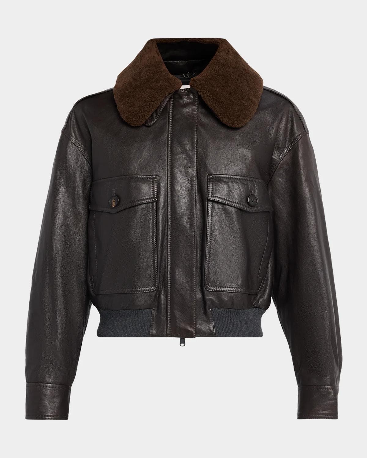 Brunello Cucinelli Waxed Leather Aviator Jacket With Lamb Shearling Collar