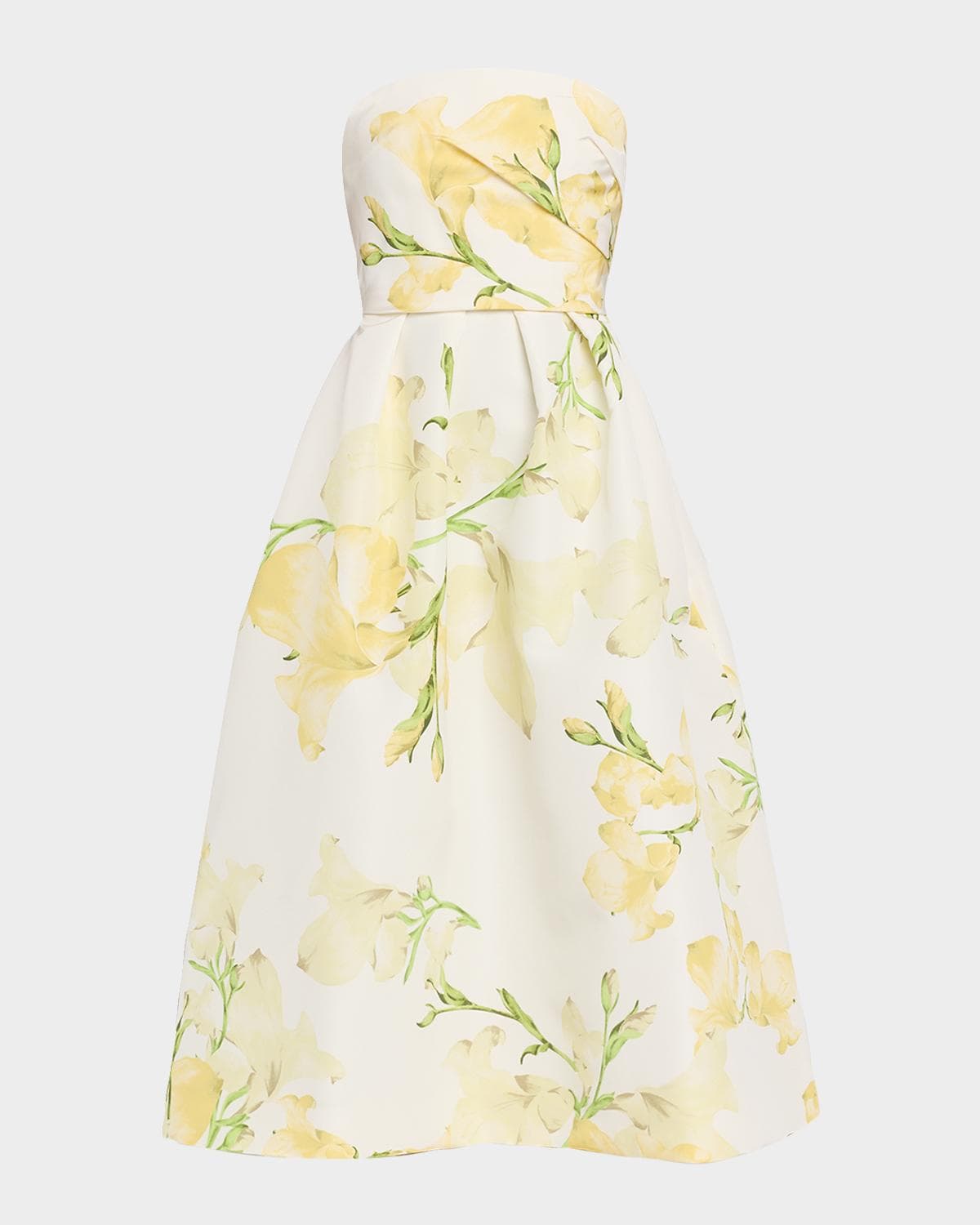 Monique Lhuillier Strapless Snapdragon Print Silk Faille Midi Dress