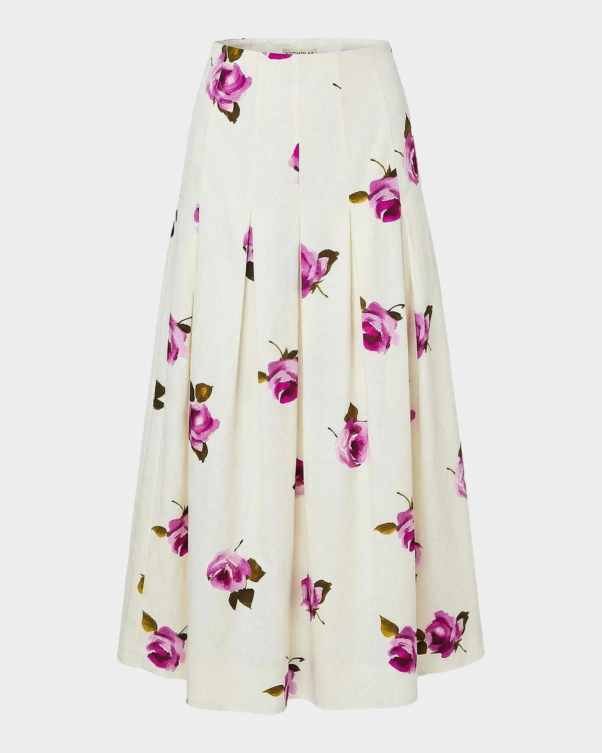 NICHOLAS Jordana Pleated Floral Linen-Blend Midi Skirt