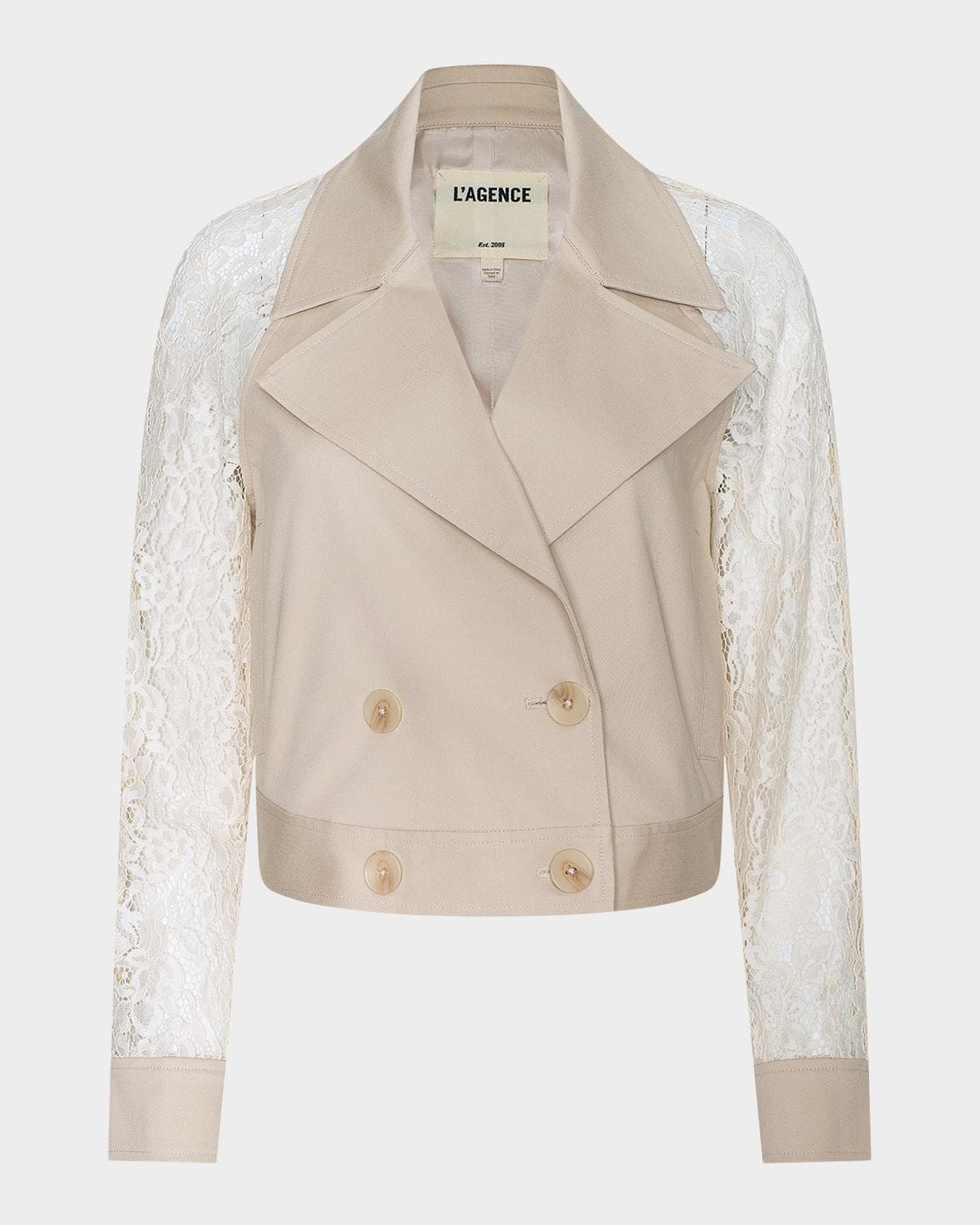 L 'AGENCE Novelle Cropped Lace-Sleeve Trench Coat