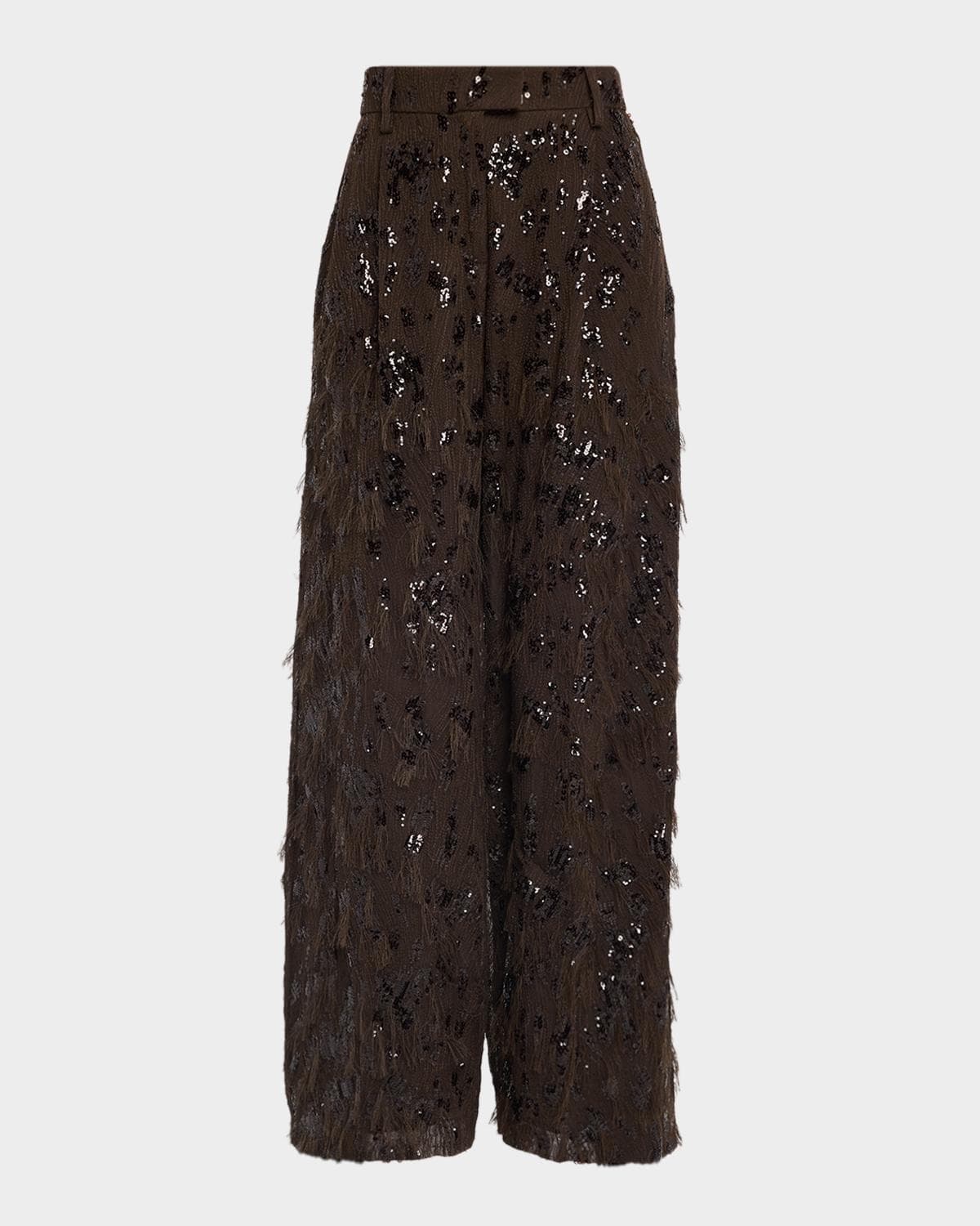 Brunello Cucinelli Animalier Sequined Fringe Silk Wide-Leg Trousers