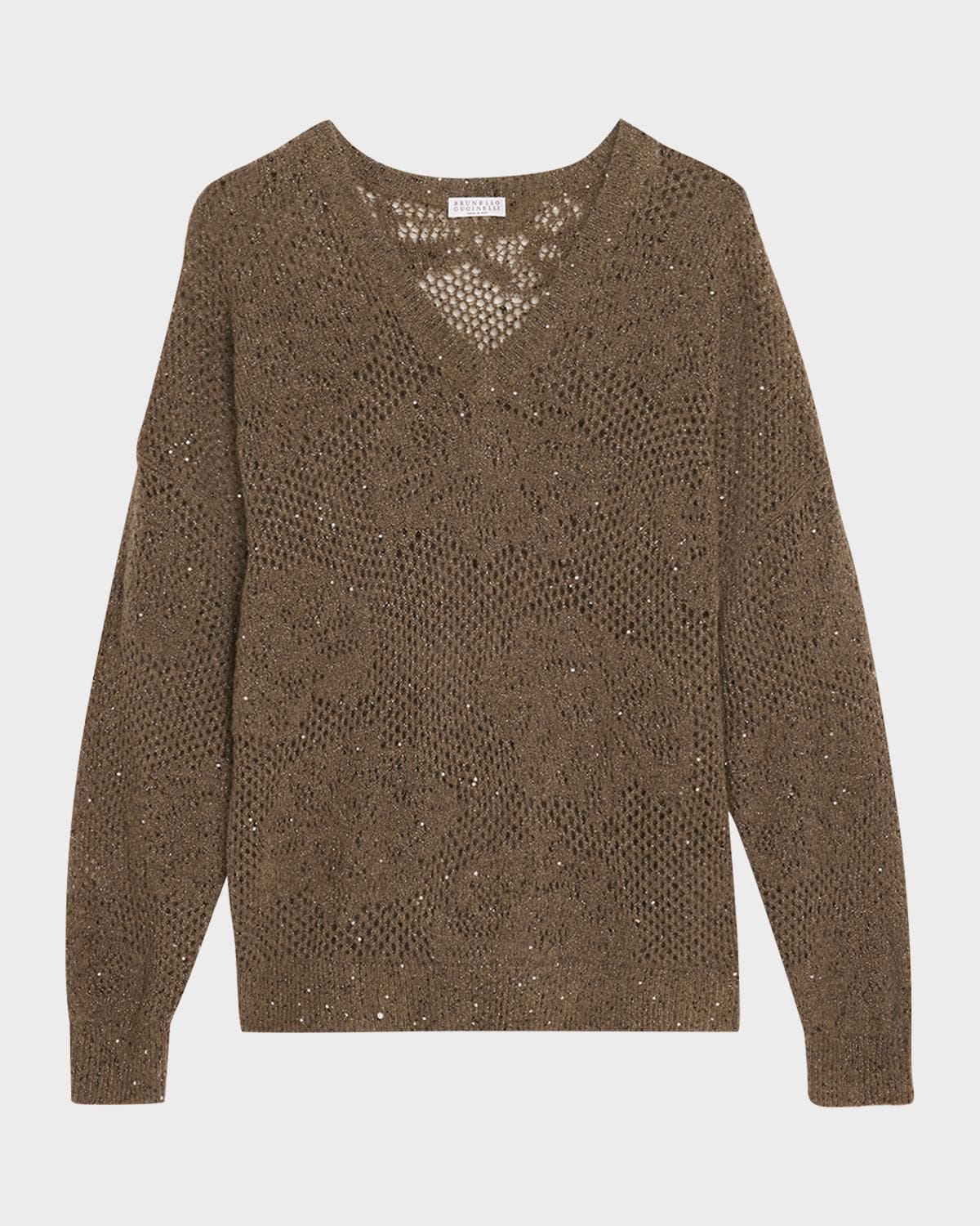 Brunello Cucinelli Diamante Paillette Mohair Open-Knit V-Neck Sweater