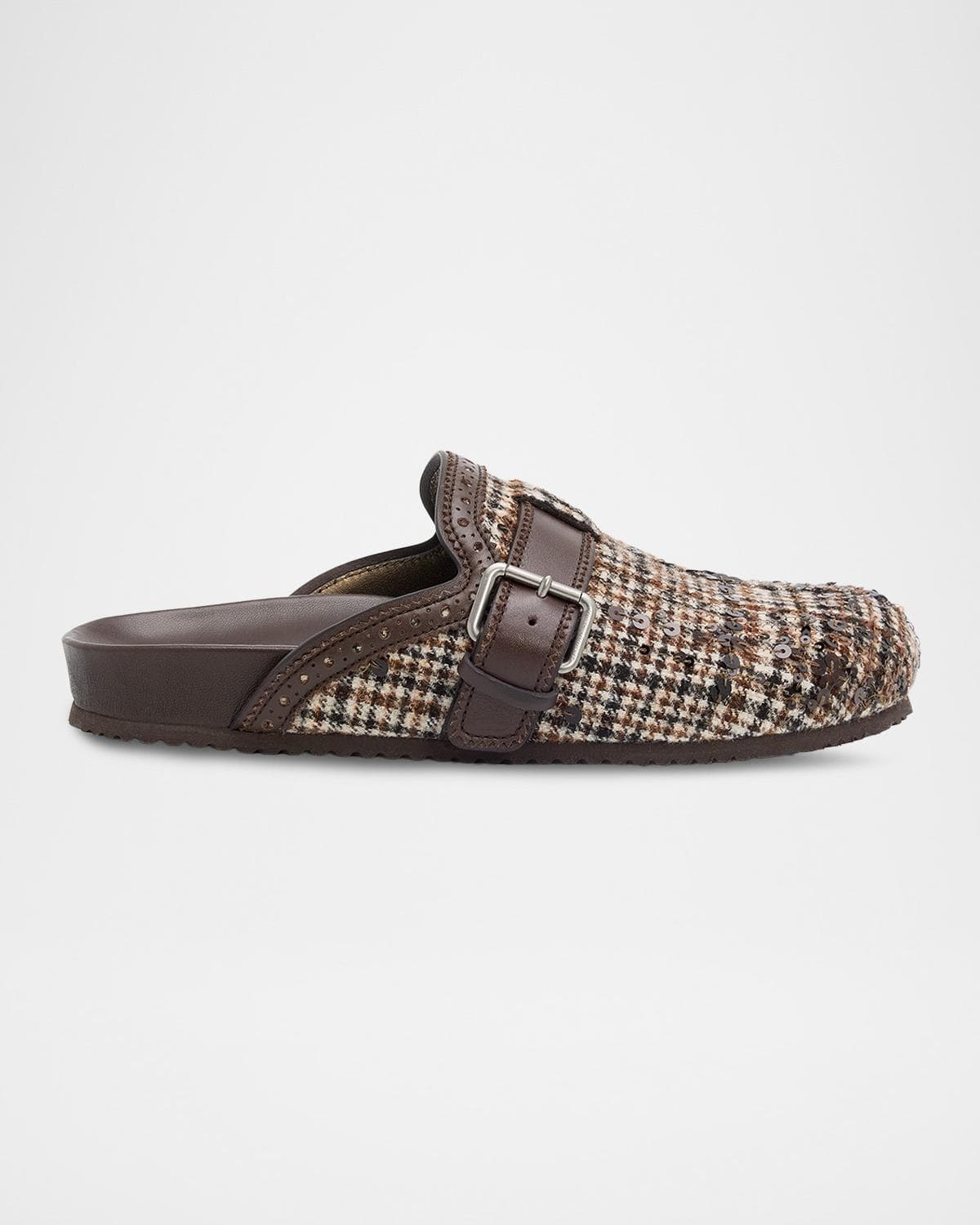 Brunello Cucinelli Plaid Sequined Wool and Leather Buckle Clogs