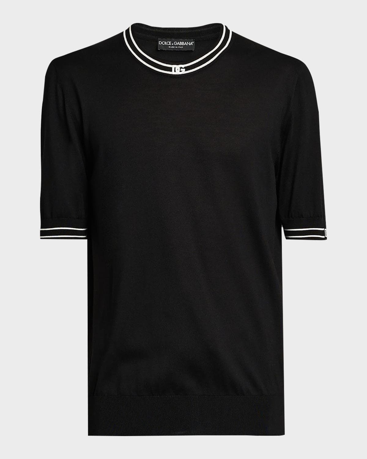 Dolce & Gabbana Men's Nero Silk Knit Ribbed-Logo Trim Crewneck T-Shirt