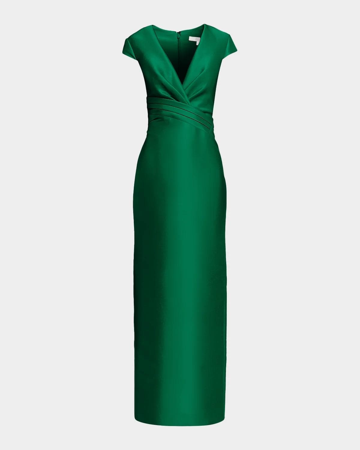 Badgley Mischka Plunging Cap-Sleeve Mikado Column Gown