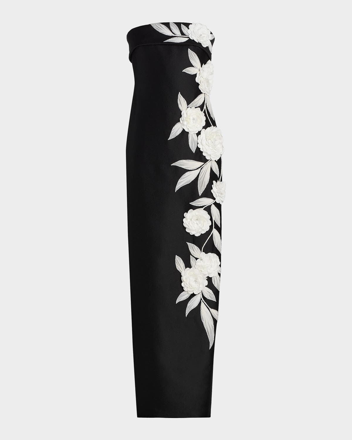 Badgley Mischka Floral-Embroidered Stretch Mikado Column Gown