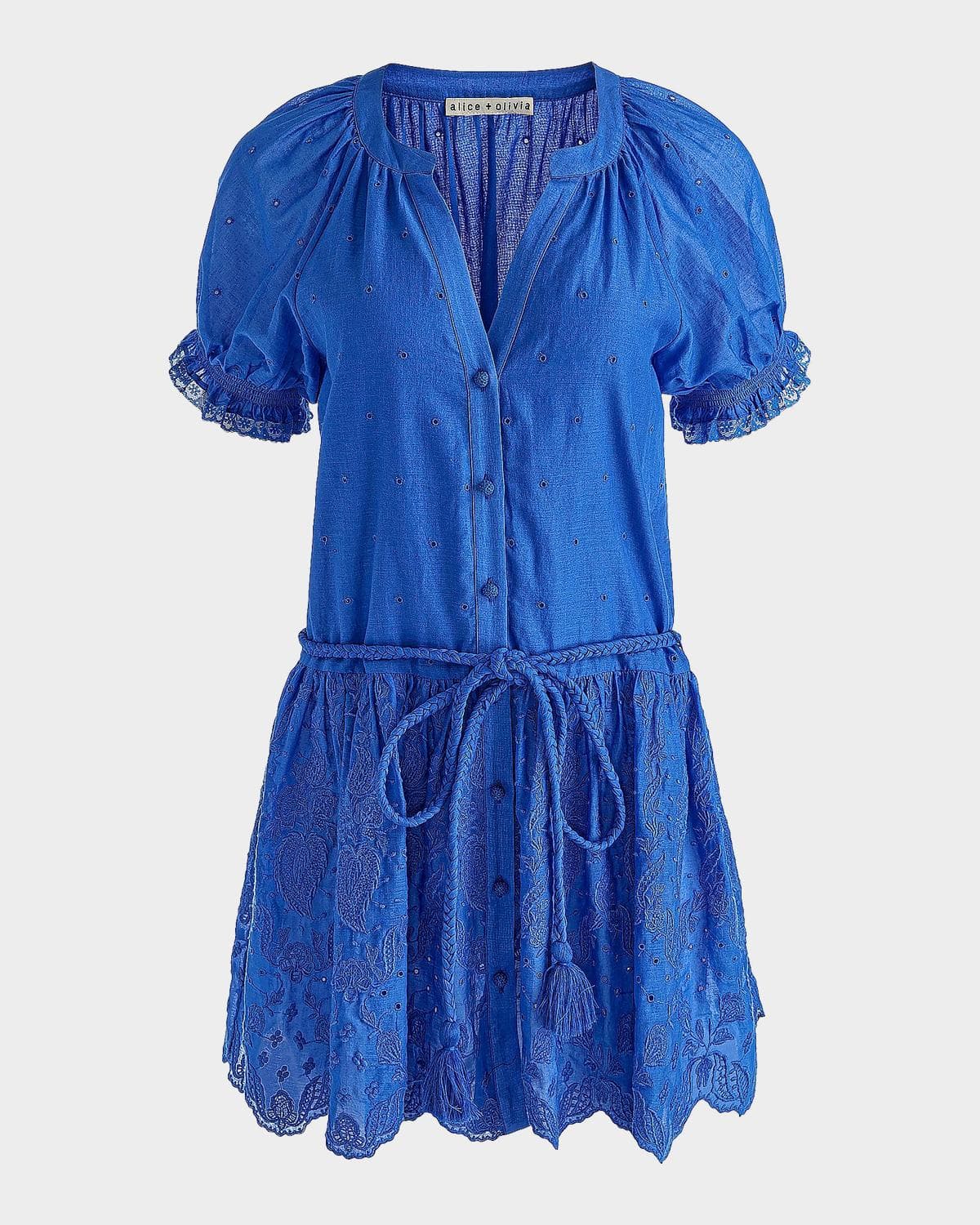 ALICE + OLIVIA Thalia Tie-Waist Eyelet Cotton A-Line Mini Dress
