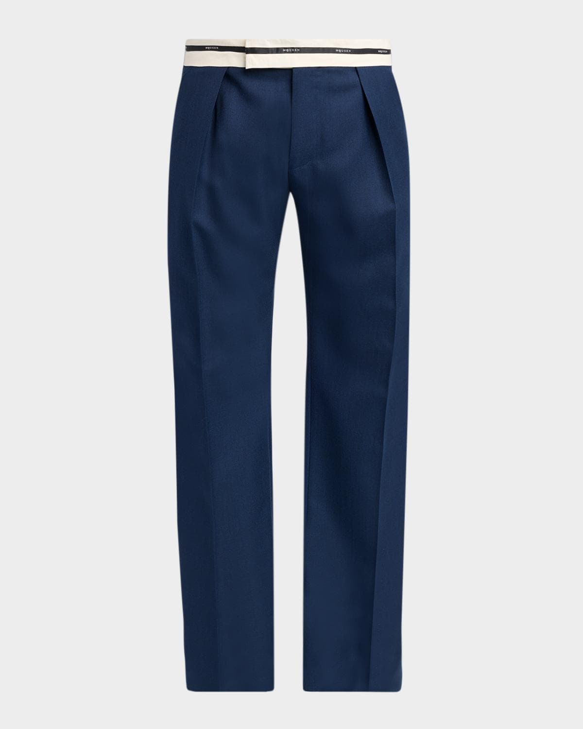 McQueen Men's Wool Stripe-Waistband Wide-Leg Pleated Trousers