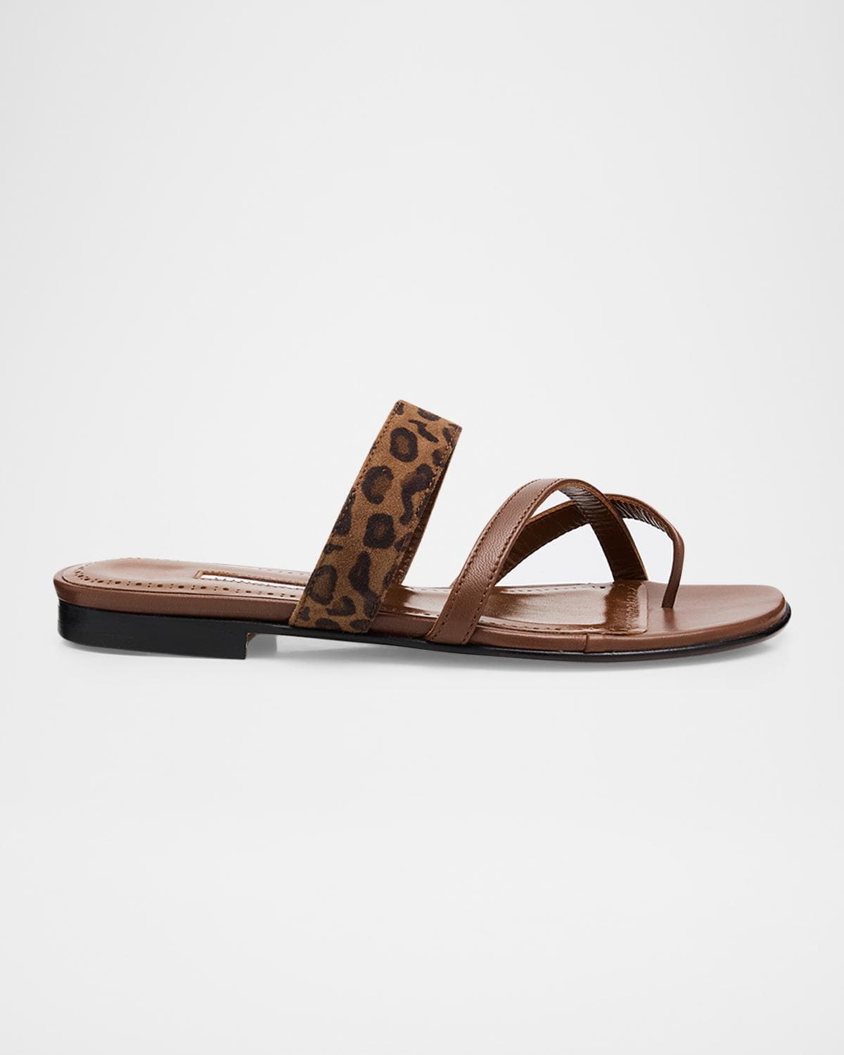 Manolo Blahnik Susa Leather and Leopard-Printed Suede Crisscross Flat Sandals