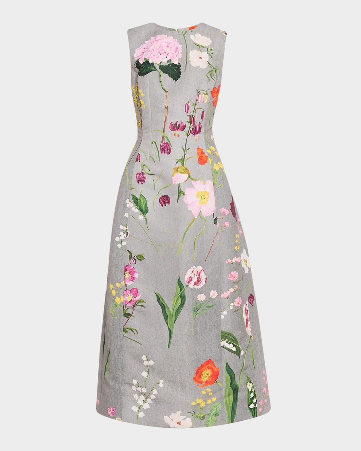 Oscar de la Renta Sleeveless Mixed Botanical Midi Day Dress