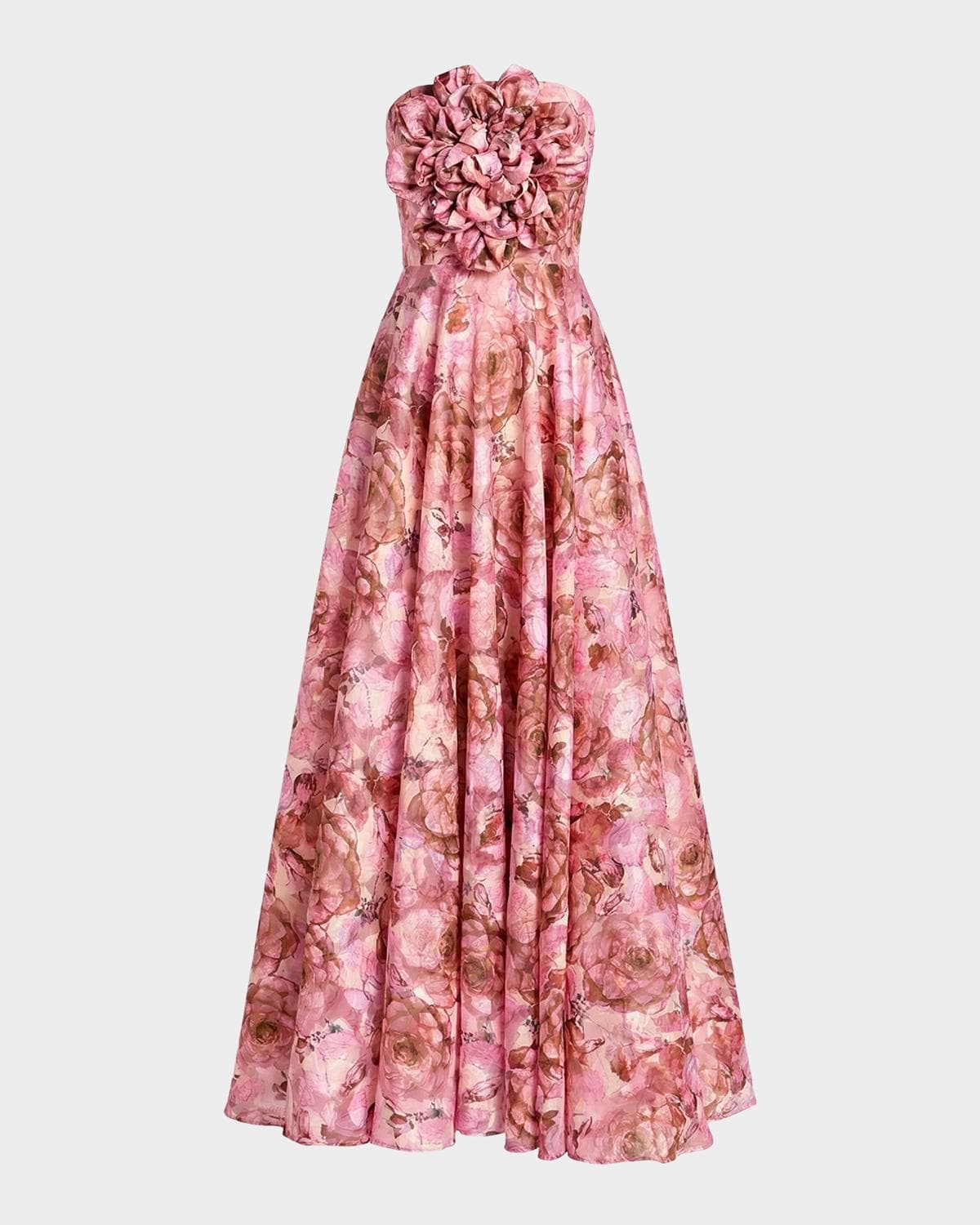 Mac Duggal Strapless Floral A-Line Gown w/ 3D Flower