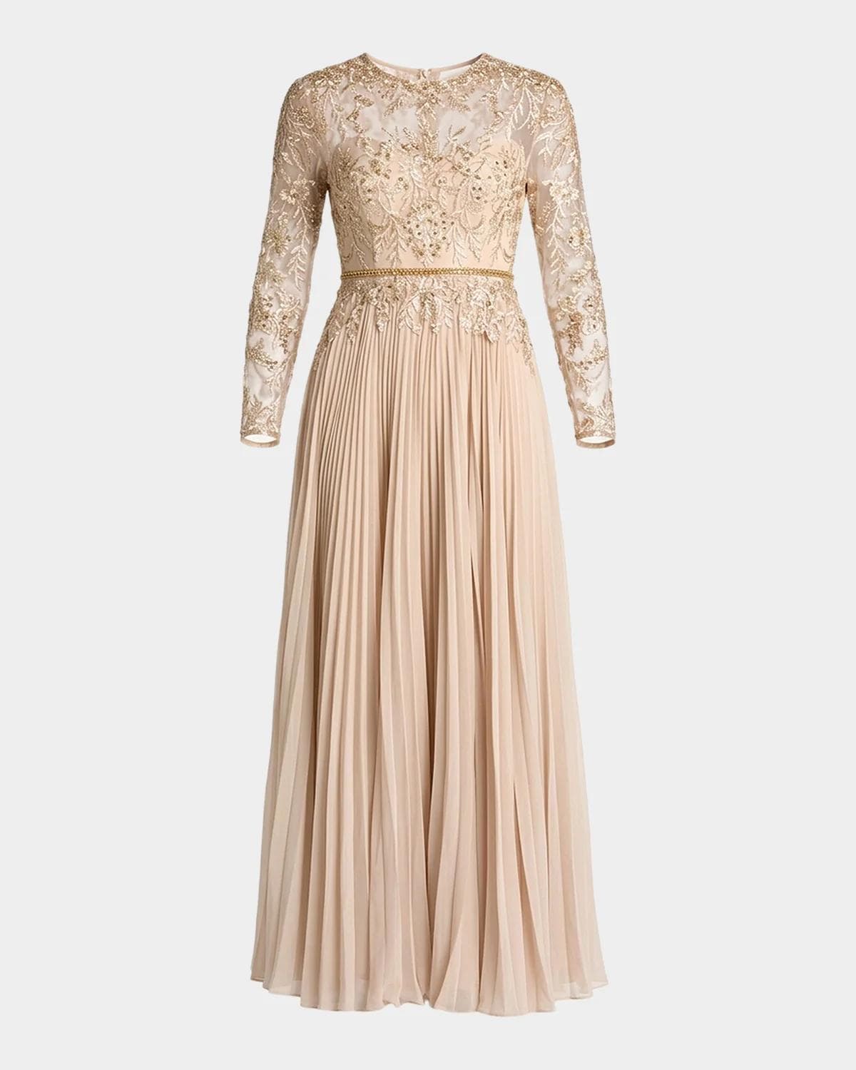 Mac Duggal Petite Pleated Chiffon and Bead-Embroidered Mesh Gown