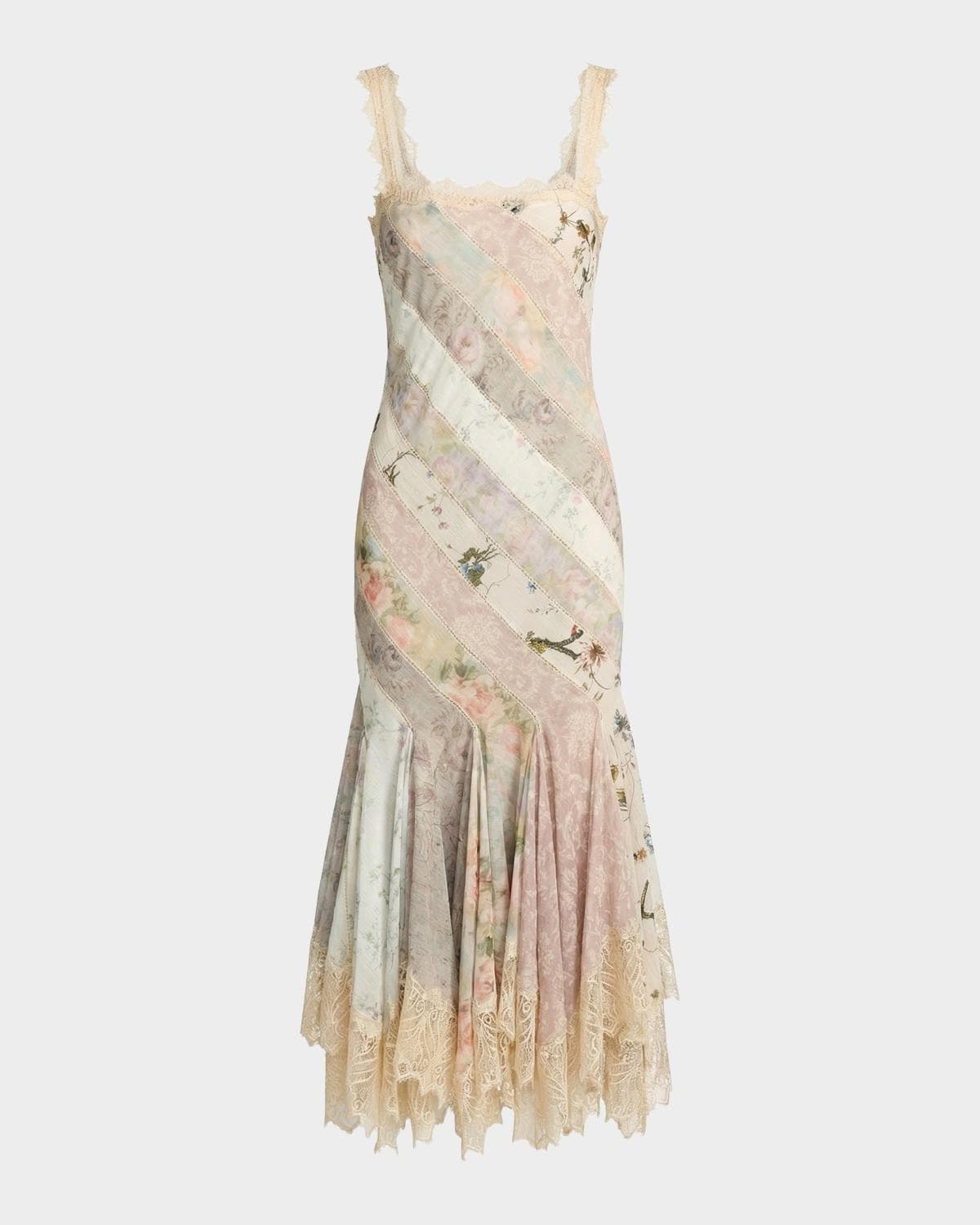 Mac Duggal Floral Patchwork Chiffon Handkerchief-Hem Cocktail Dress