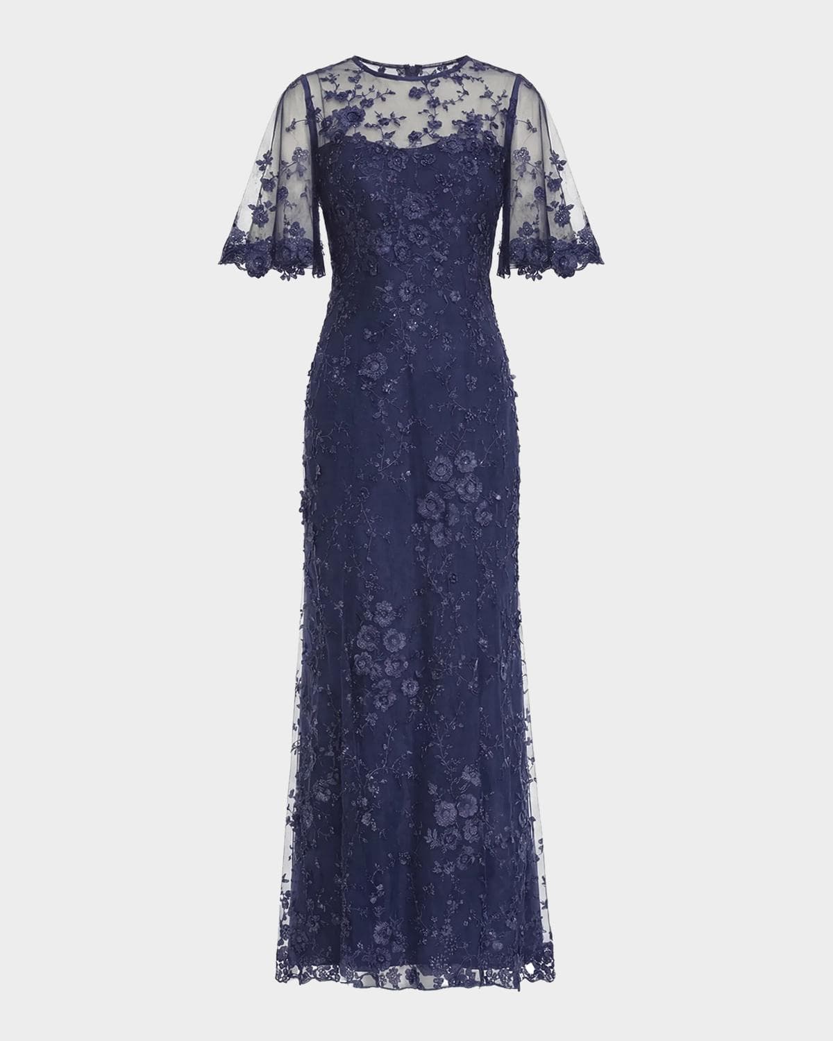 Mac Duggal Flutter-Sleeve Embroidered Lace Gown
