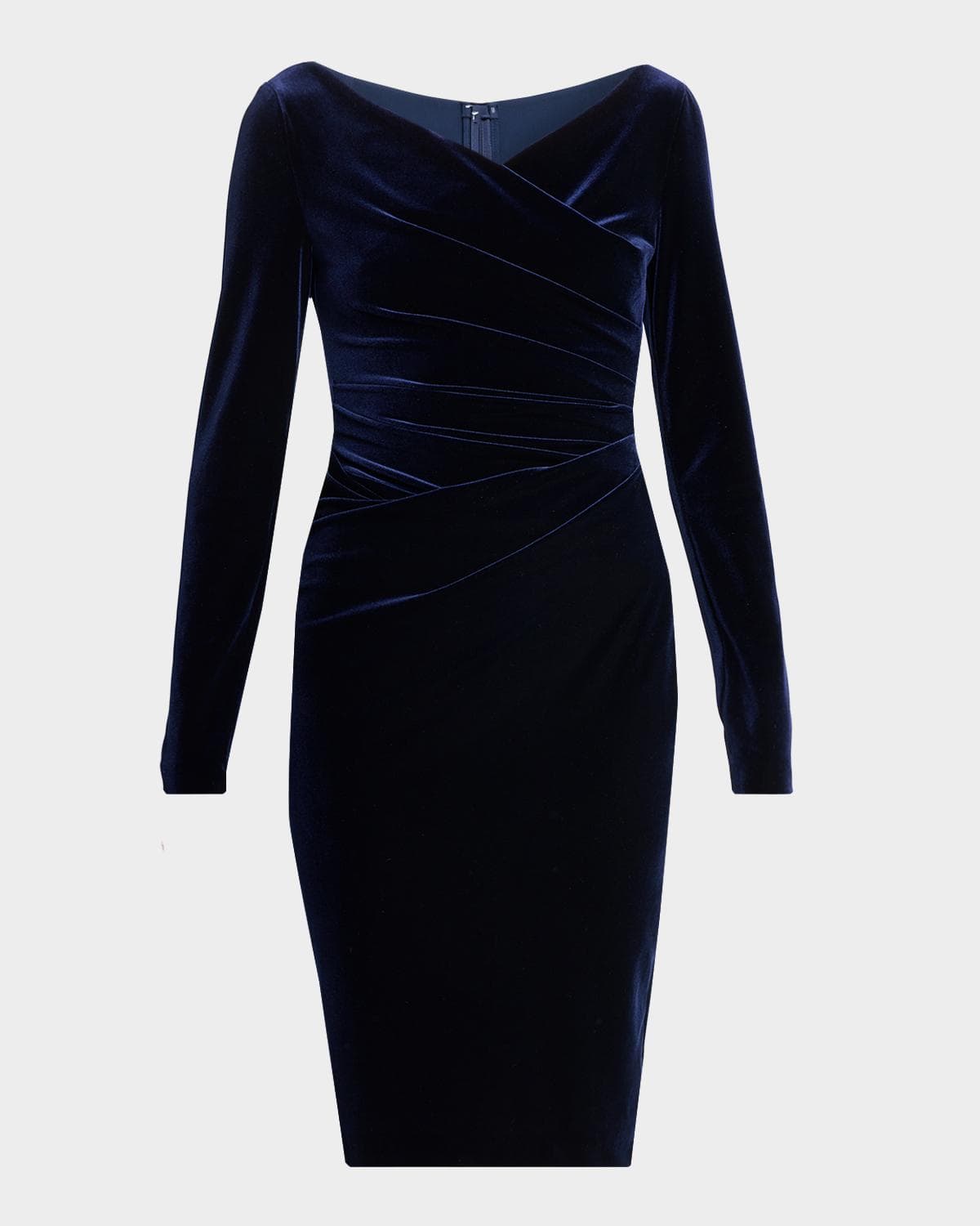 Talbot Runhof Draped Stretch Velvet Long-Sleeve Sheath Dress