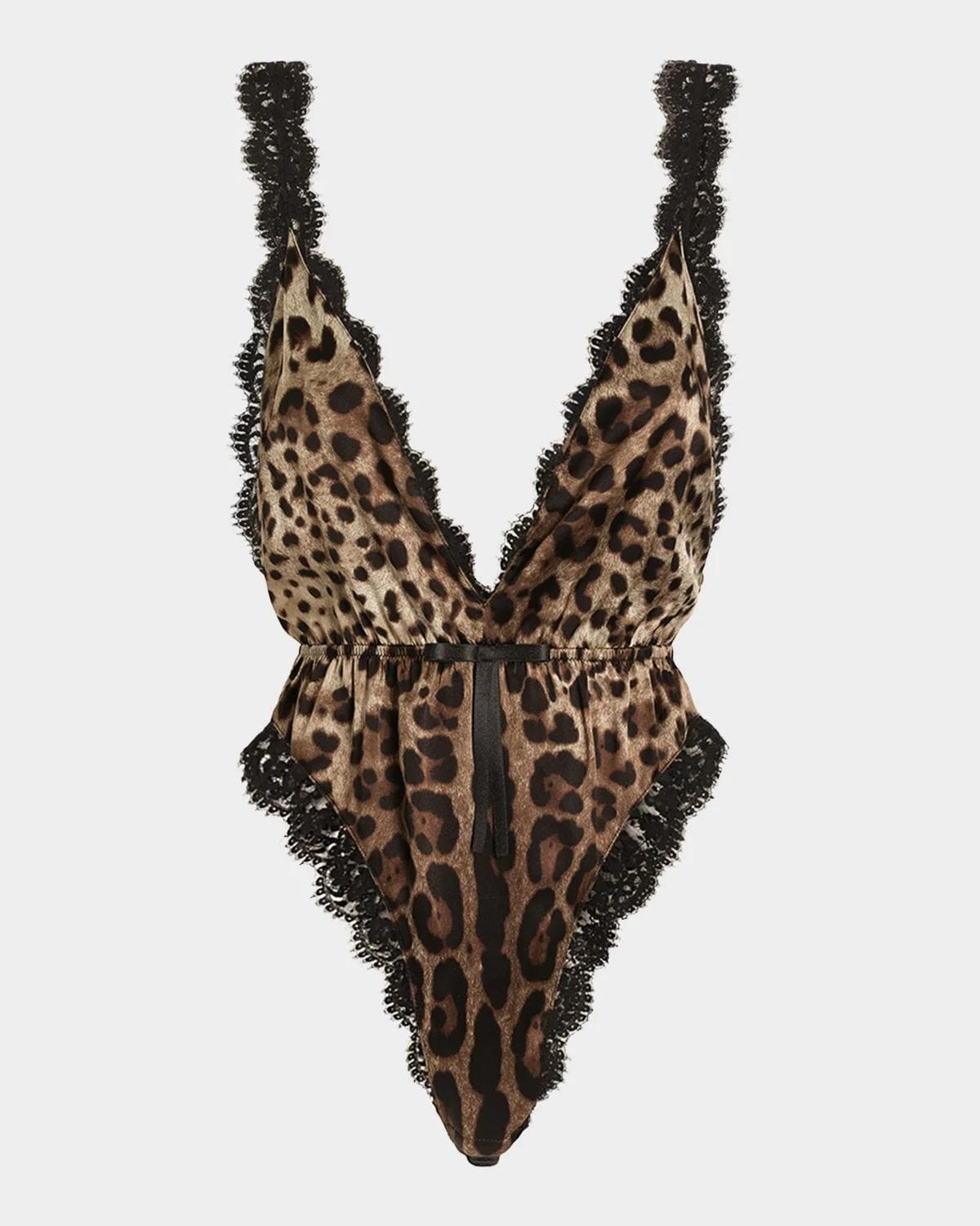 Dolce & Gabbana Lace-Trim Leopard Satin Bodysuit