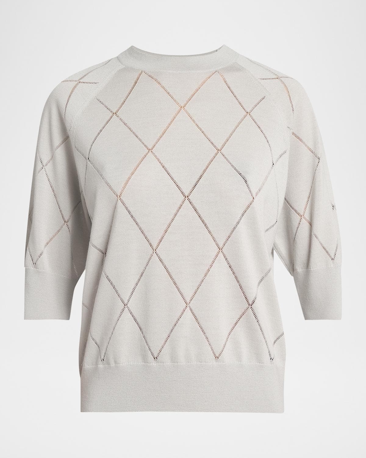 Dries Van Noten Diamond Knit Elbow-Sleeve Crewneck Sweater