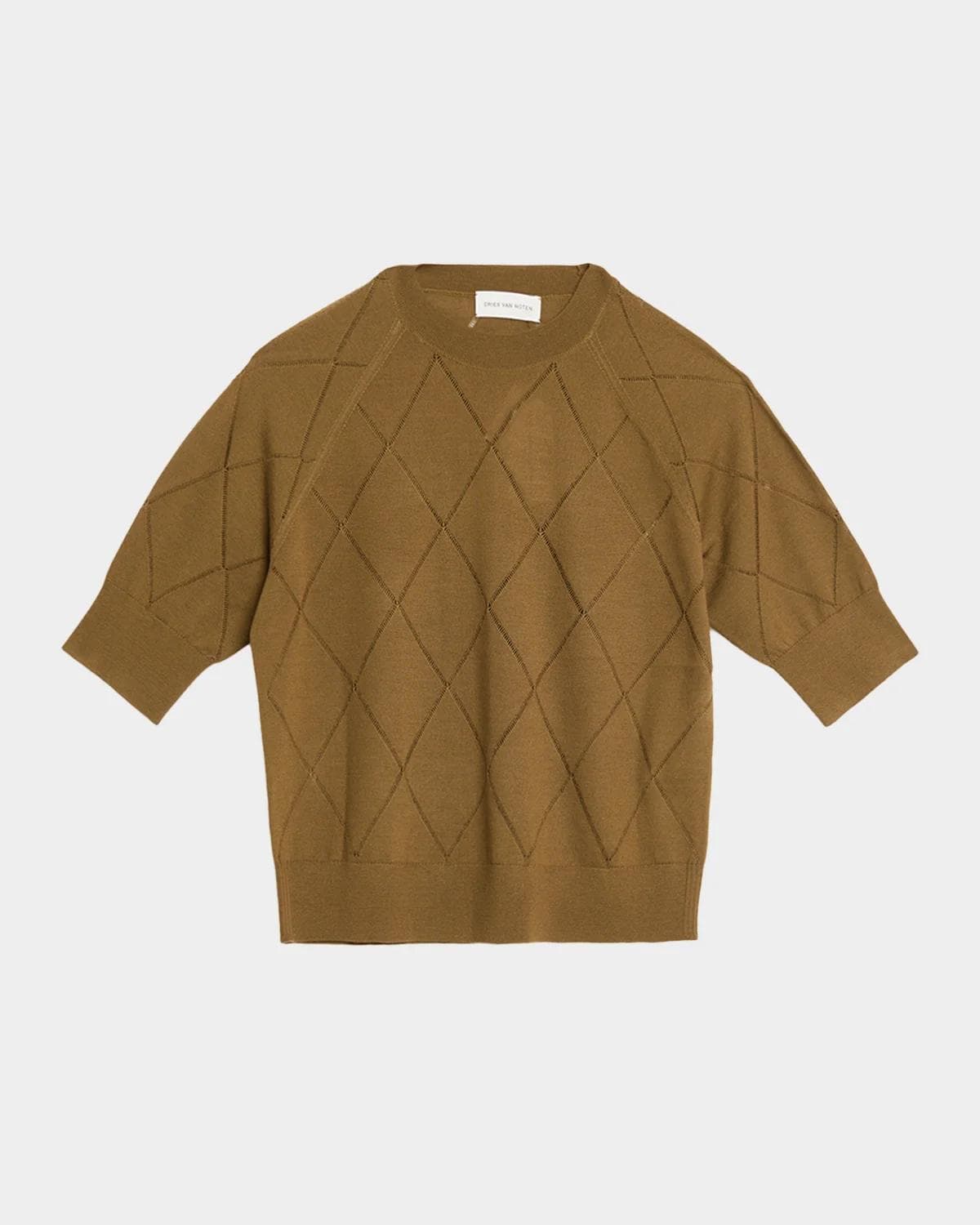 Dries Van Noten Diamond Knit Elbow-Sleeve Crewneck Sweater