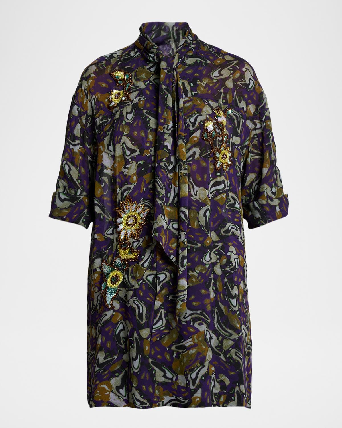 Dries Van Noten Floral Embellished Neck-Scarf Tunic Blouse