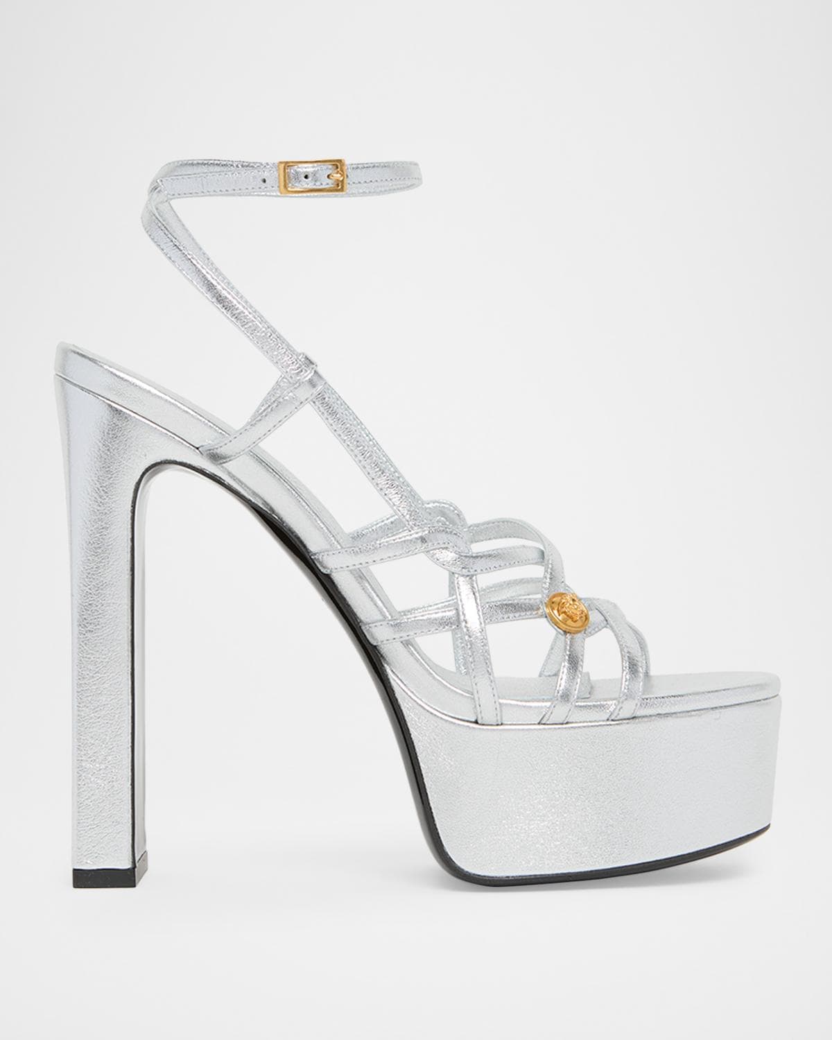 Versace 140mm Medusa Metallic Leather Platform Sandals