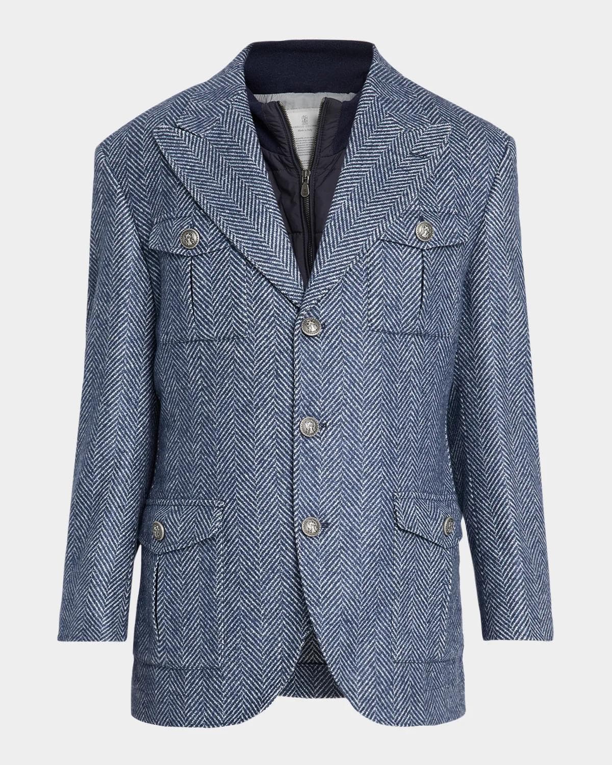 Brunello Cucinelli Men's Wool and Silk Chevron Field Jacket with Zipped Bib