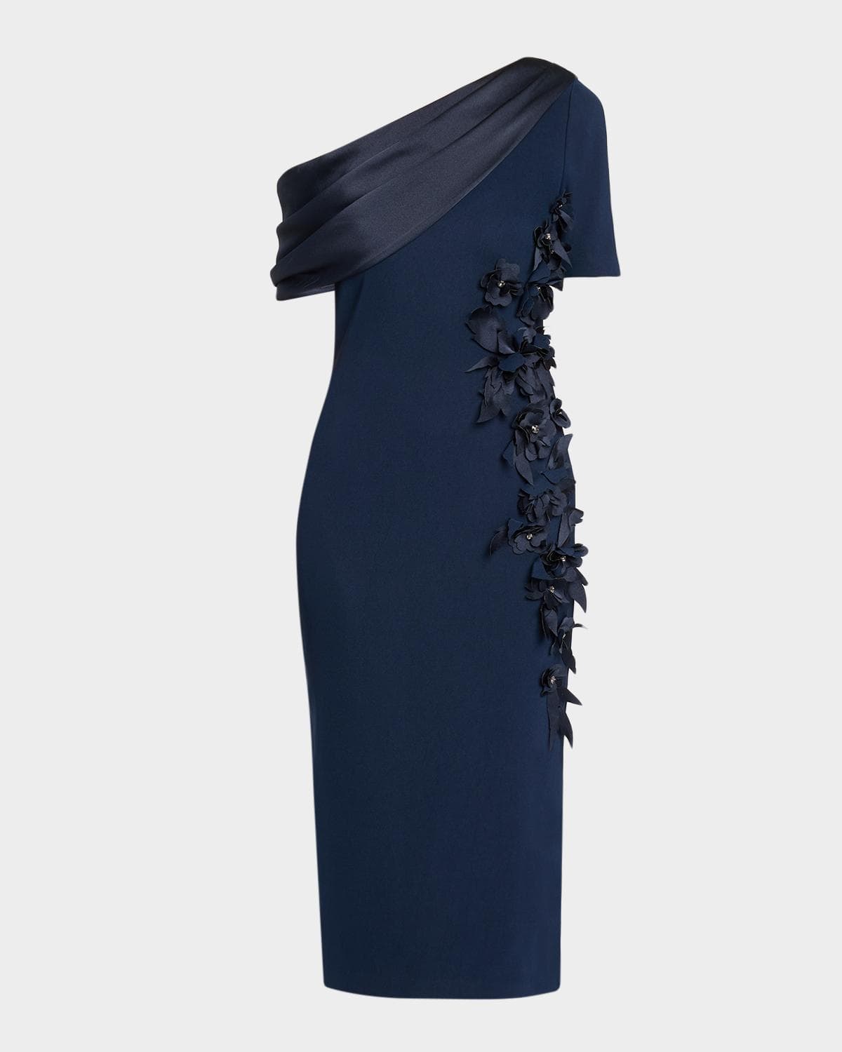 Badgley Mischka Draped One-Shoulder Cocktail Midi Dress