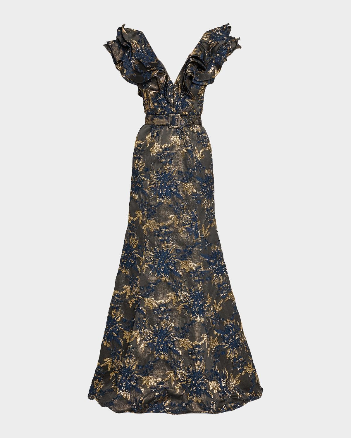 Badgley Mischka Ruffle Metallic Jacquard Mermaid Gown