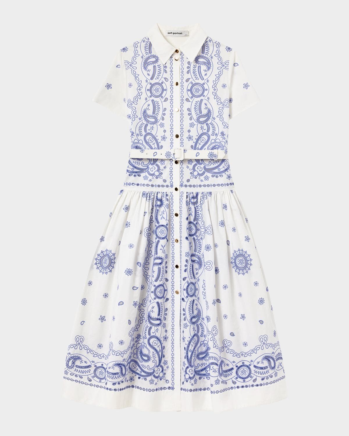 Self-Portrait Embroidered Cotton Belted Midi Dress