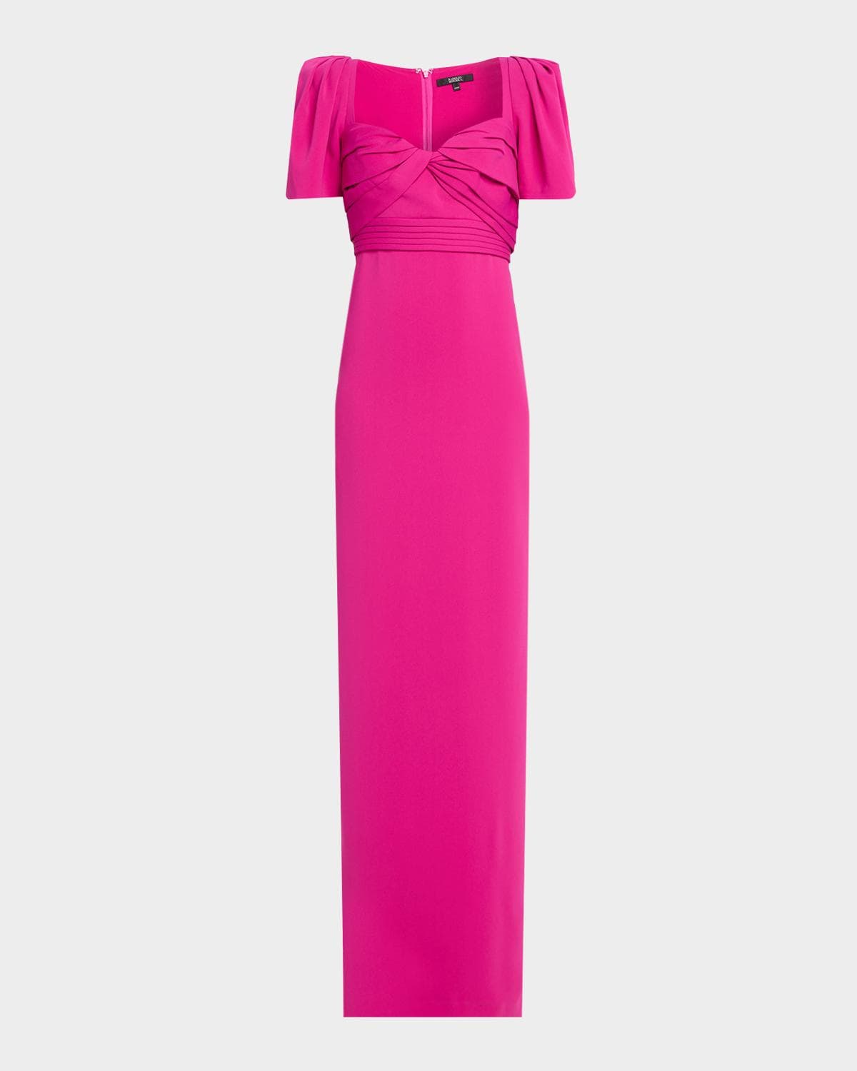 Badgley Mischka Pleated Puff-Sleeve Column Gown