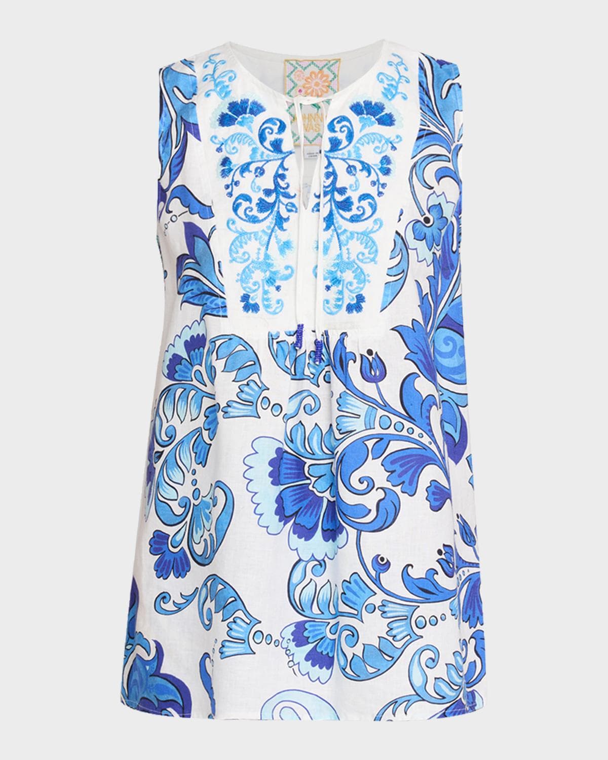 Johnny Was Embroidered Floral-Print Linen Tank Top