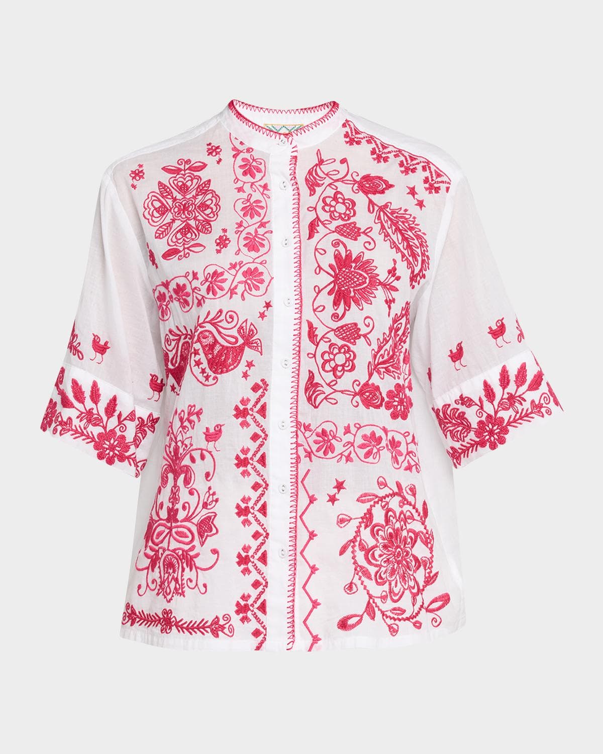 Johnny Was Floral-Embroidered Cotton Shirt