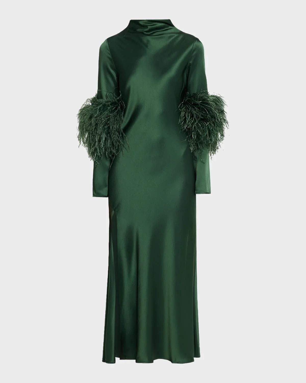 LAPOINTE Satin Draped Neck Feather-Trim Midi Dress