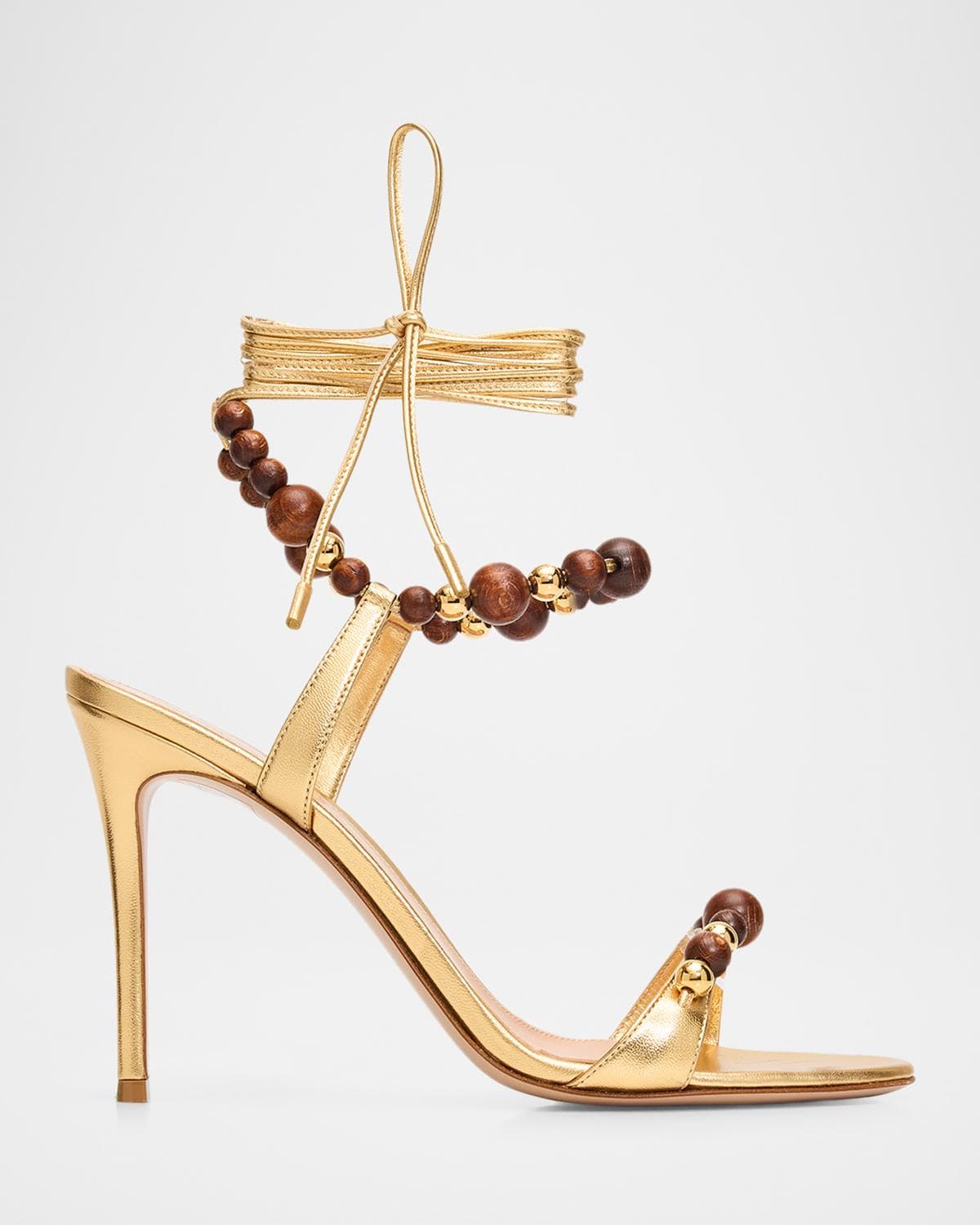 Gianvito Rossi 95mm Beaded Metallic Nappa Leather Ankle-Tie Sandals