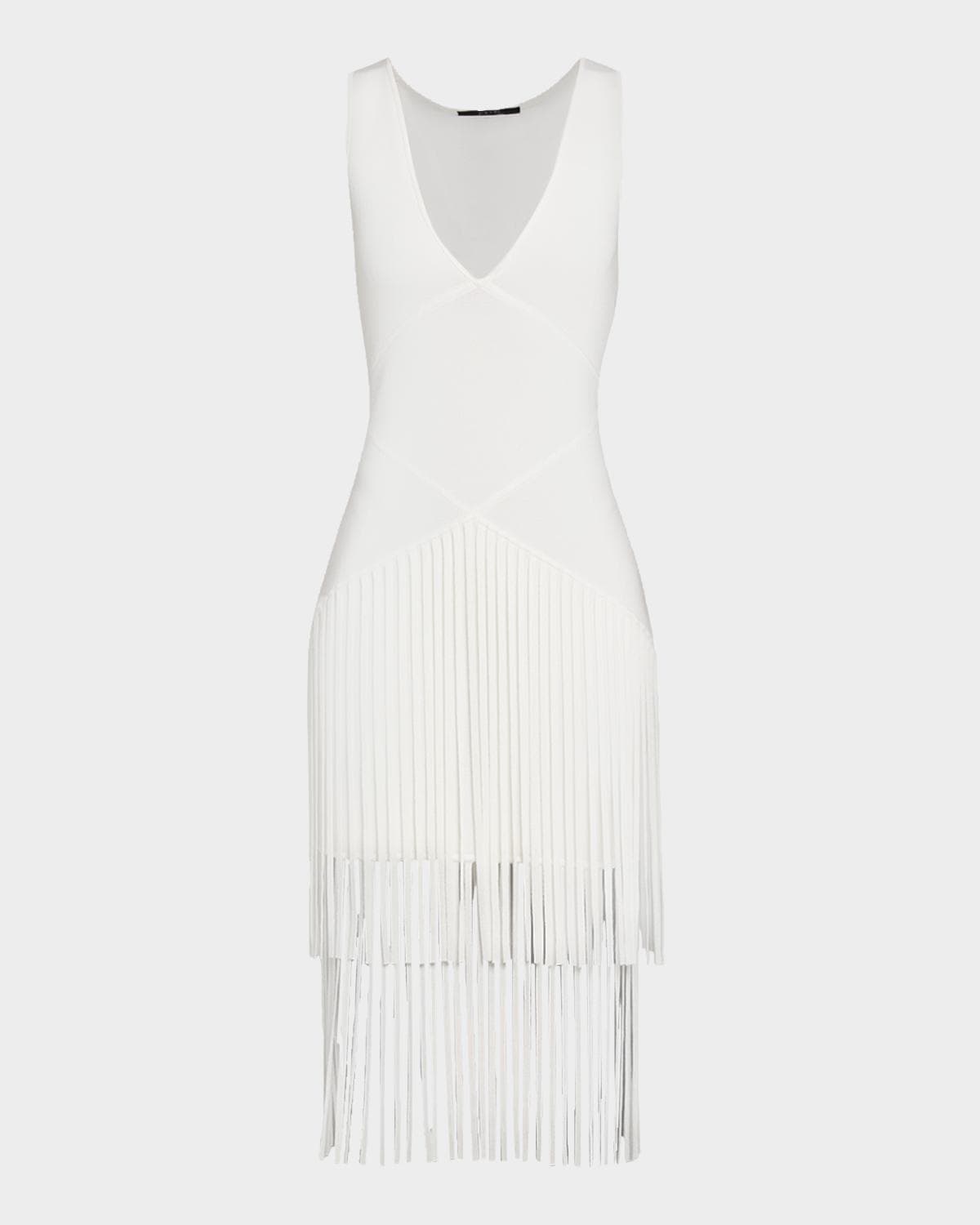 Toccin Patricia V-Neck Seamed Midi Dress with Fringe