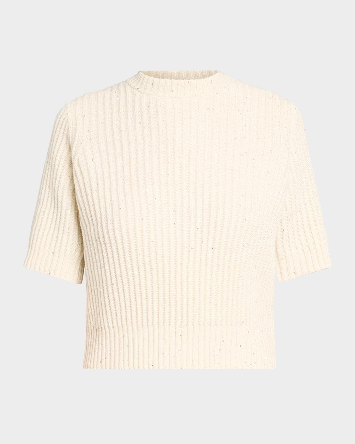 Brunello Cucinelli Paillette Cashmere-Wool Short-Sleeve Sweater