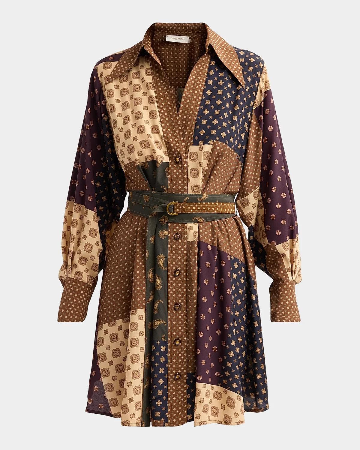 Zimmermann Tuck Patchwork Belted Mini Shirtdress