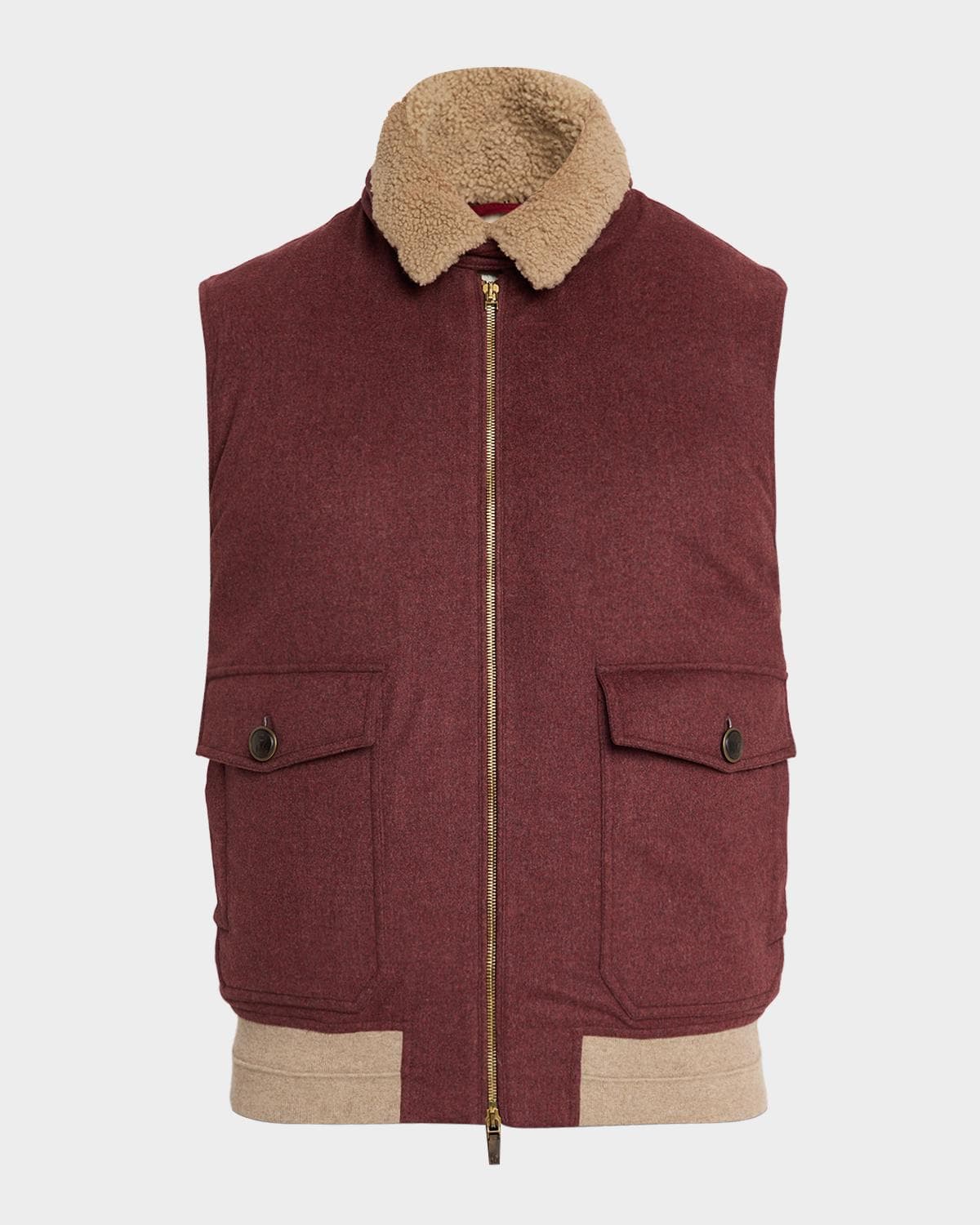 Brunello Cucinelli Men's Shearling-Collar Wool Down Padded Vest