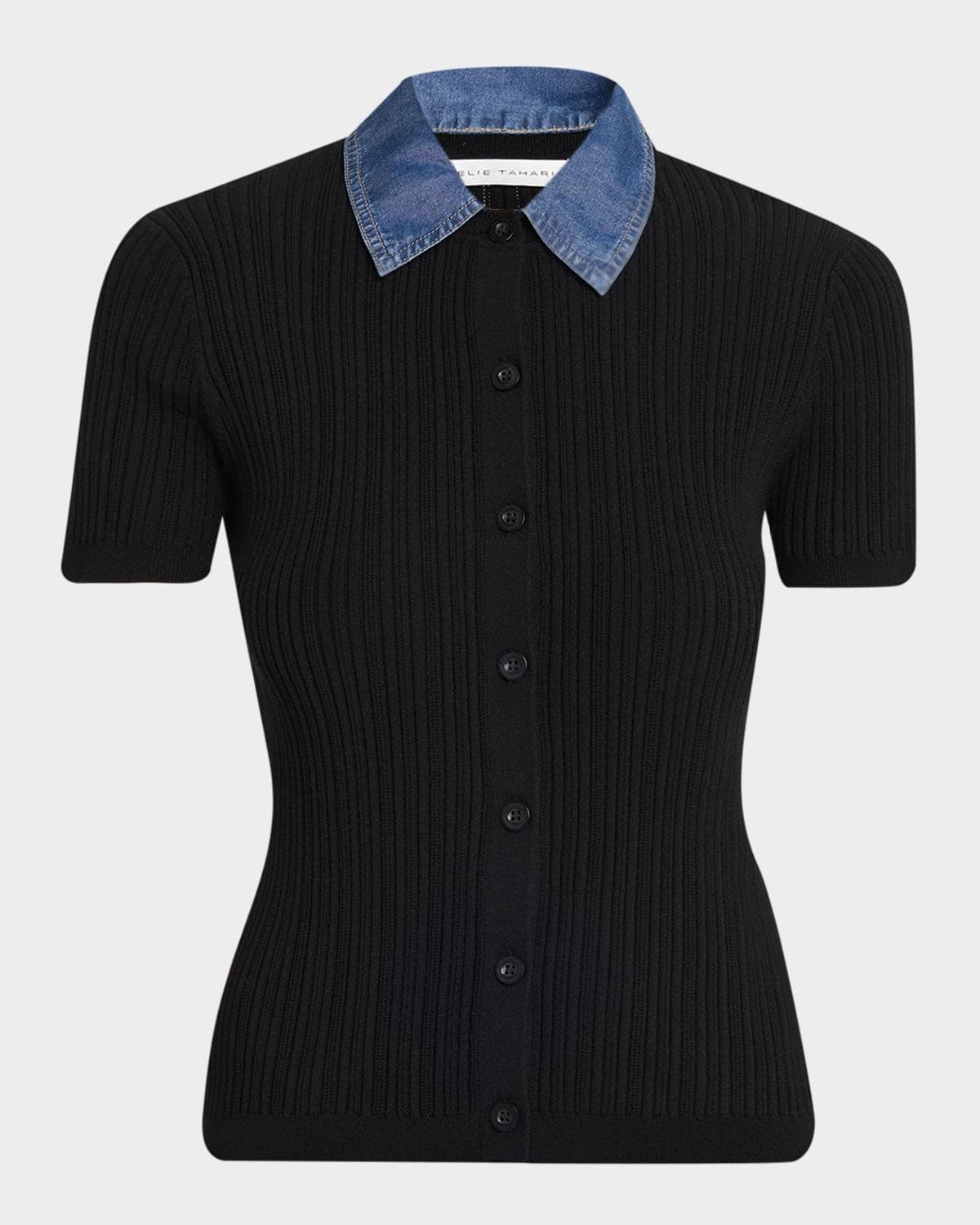 Elie Tahari July Remington Denim Collar Short-Sleeve Sweater