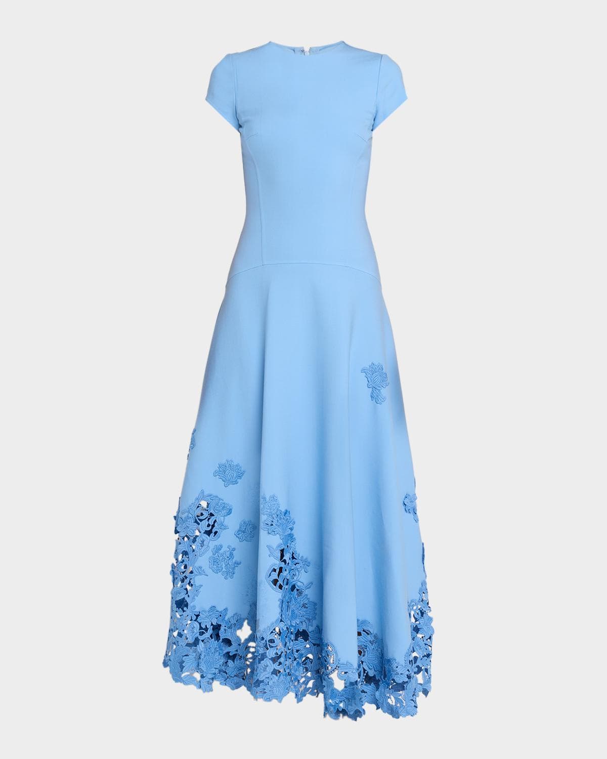 Oscar de la Renta Short-Sleeve Botanical Guipure Inset Ankle Dress