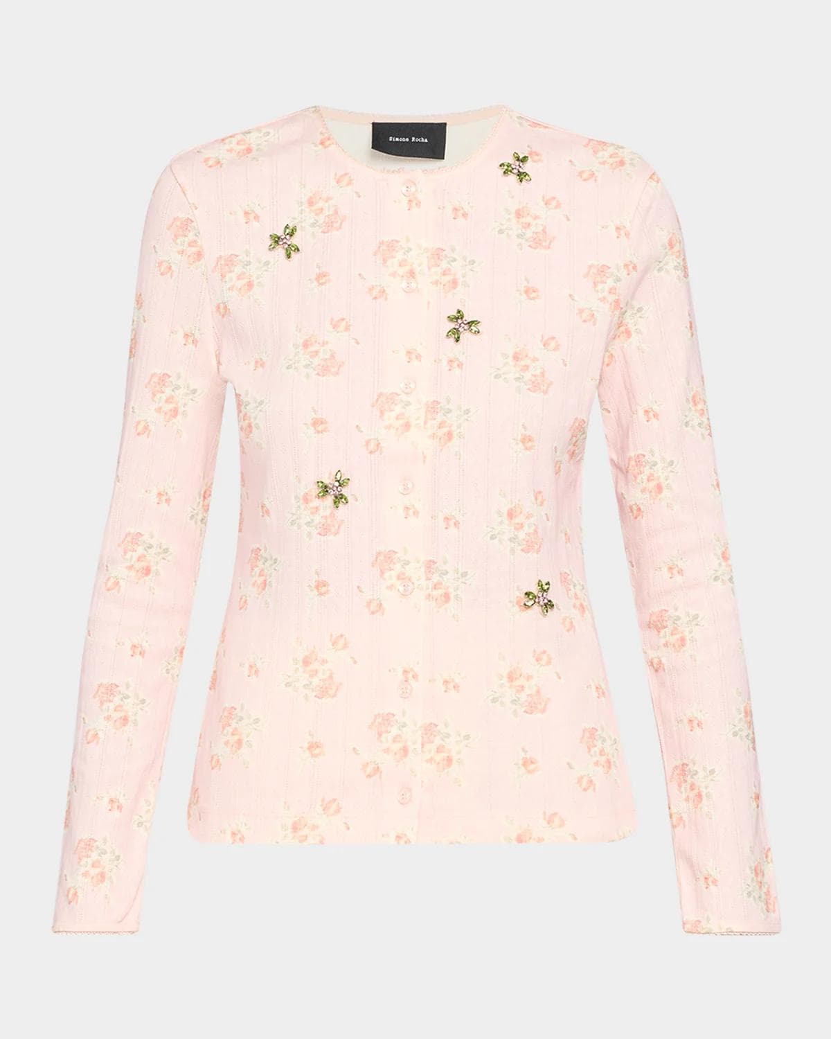 Simone Rocha Floral Embellished Cotton Pointelle Crewneck Cardigan