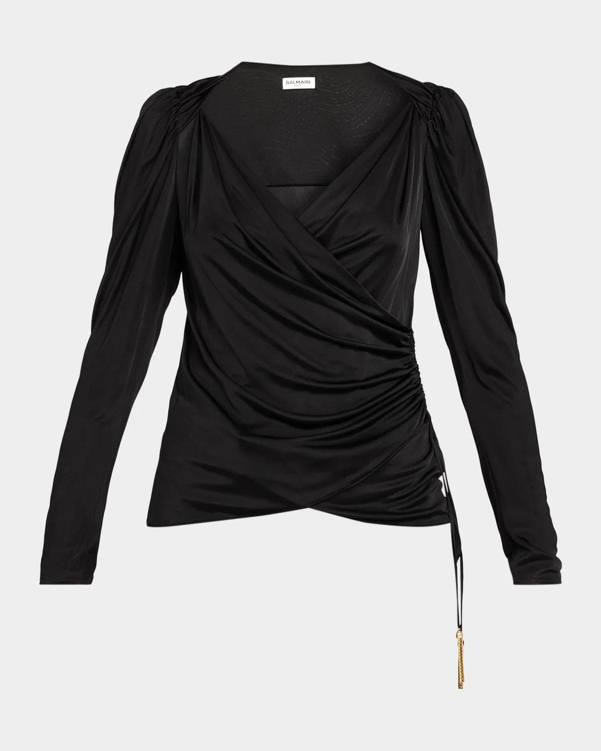 Balmain Draped Jersey Wrap Long-Sleeve Top