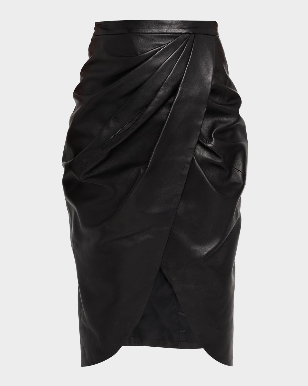Balmain High-Waist Draped Lambskin Midi Skirt