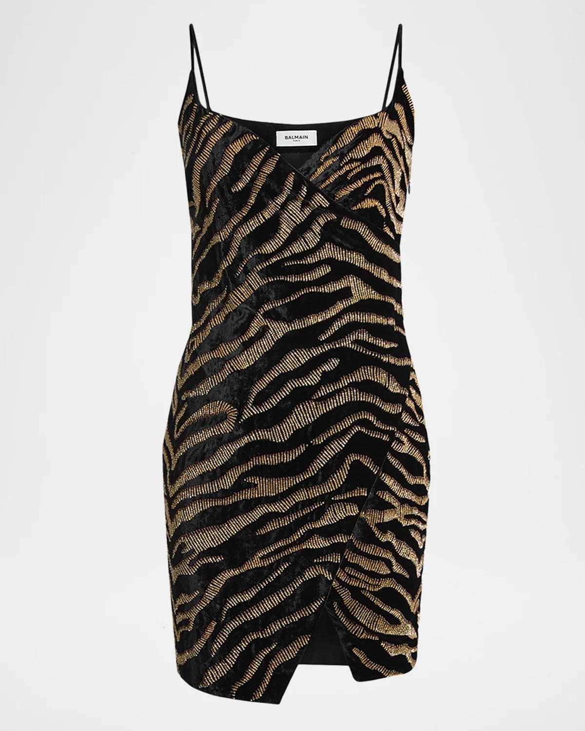 Balmain Sleeveless Tiger Embroidered Velvet Mini Wrap Dress