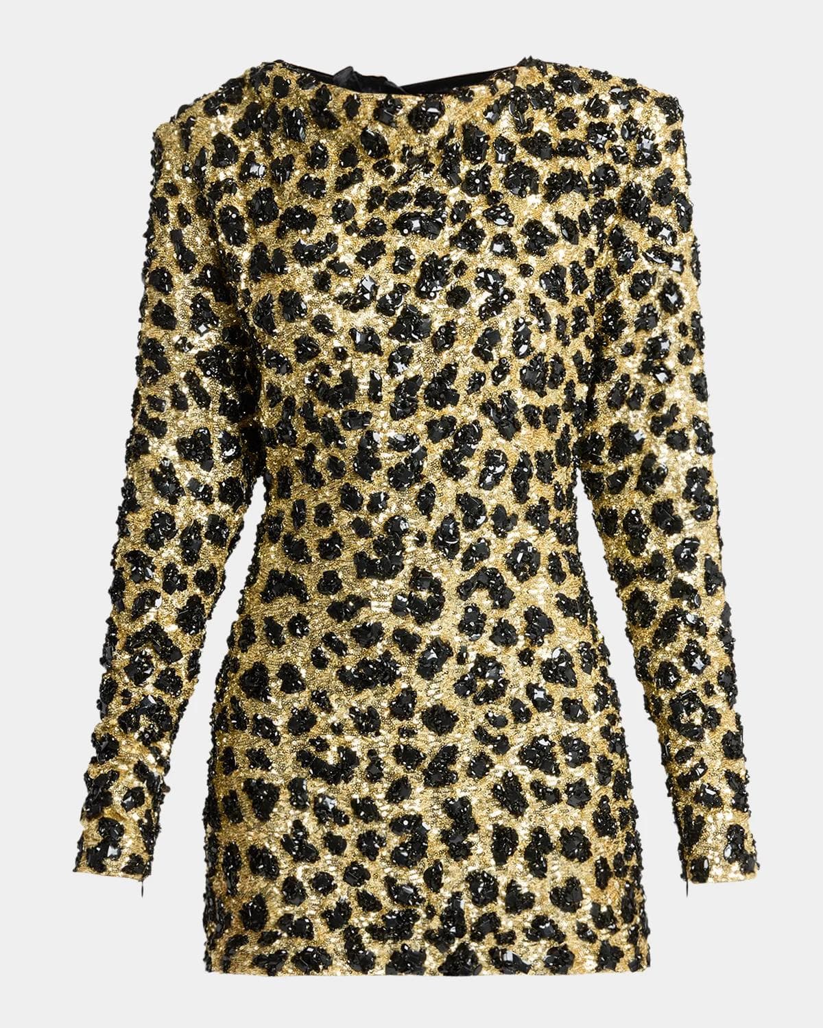 Balmain Leopard Embellished Bow-Back Long-Sleeve Mini Dress