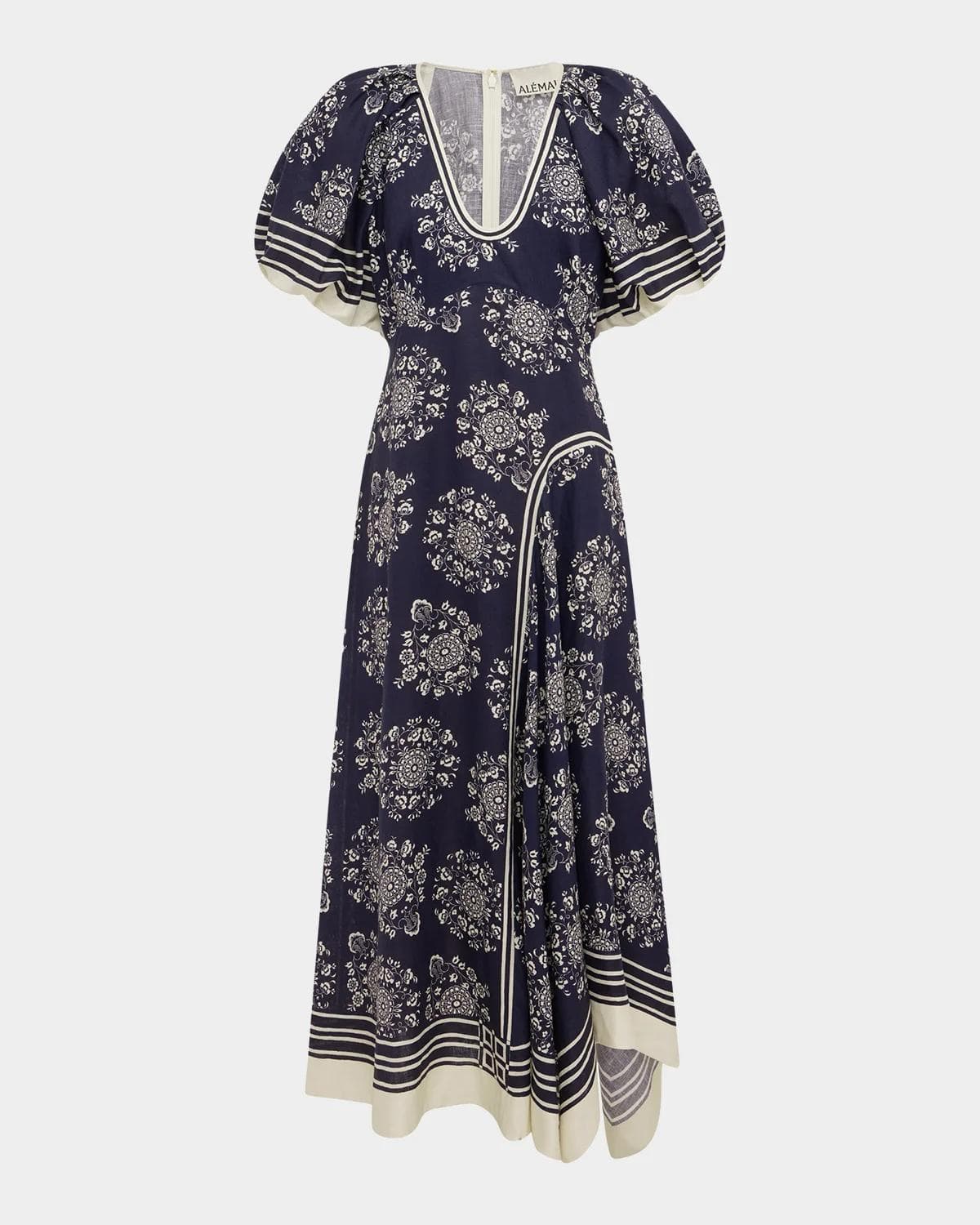 ALÉMAIS Banderra Asymmetric Puff-Sleeve Midi Dress