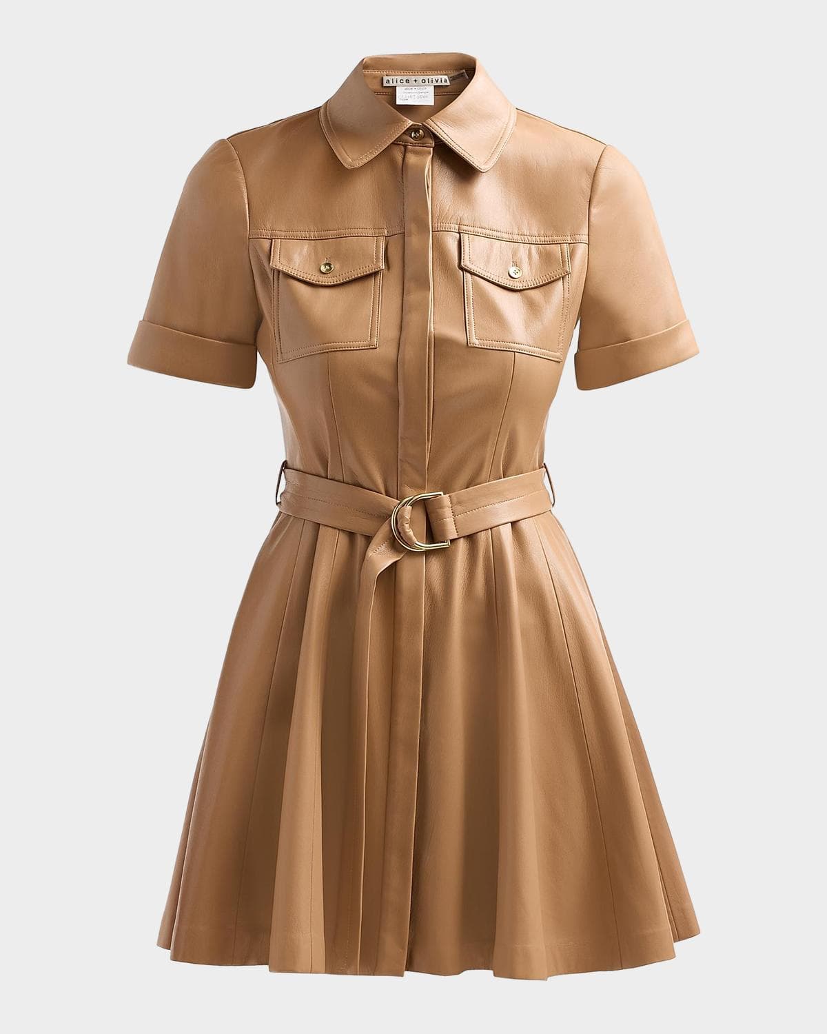 ALICE + OLIVIA Lucy Faux-Leather Belted Mini Shirtdress