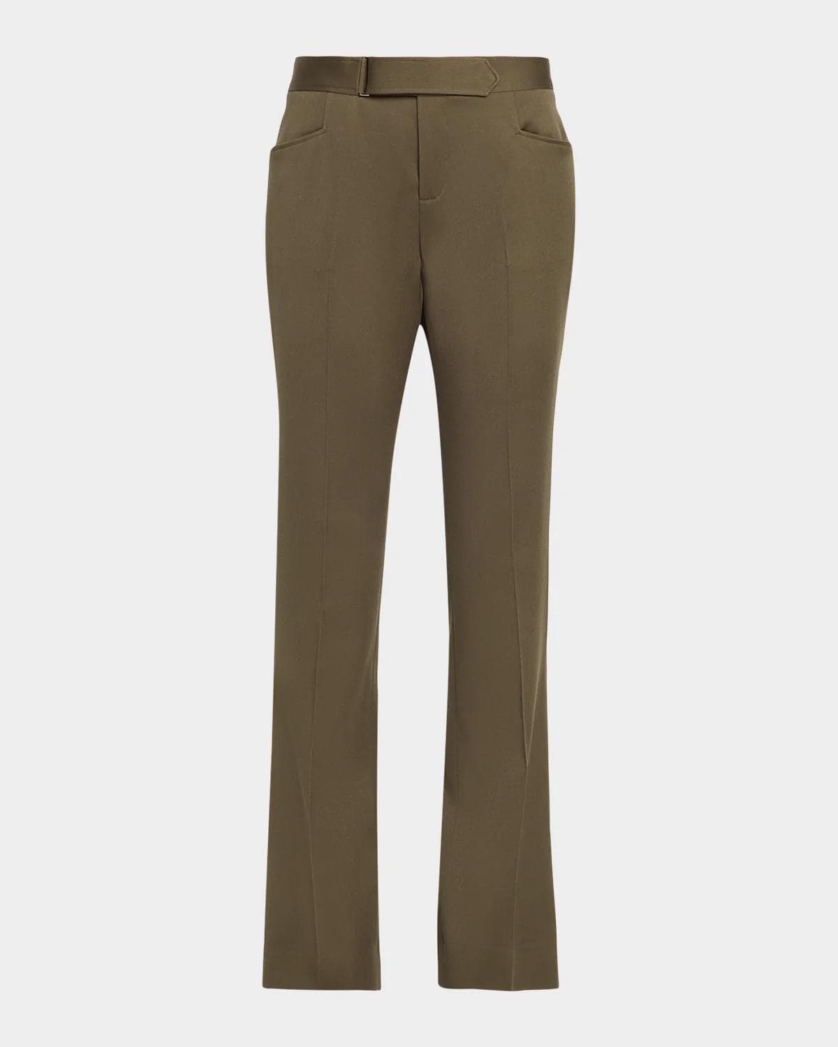 Balmain Buckle-Waist Wool Satin Straight-Leg Pants