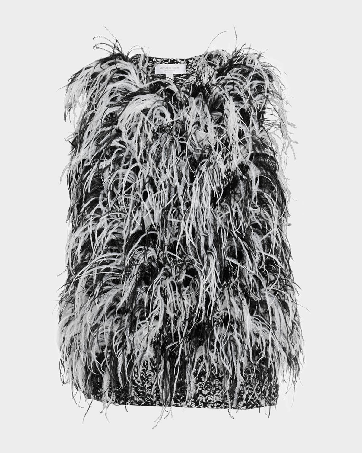 Michael Kors Collection Sleeveless Feather-Trim Wool Tweed Knit Sweater